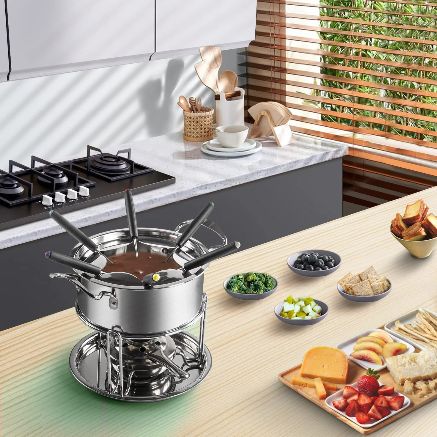 Set Fonduta Formaggio Acciaio Inox 6 Persone Fondue Bourguignonne con Forchette Bruciatori Argento