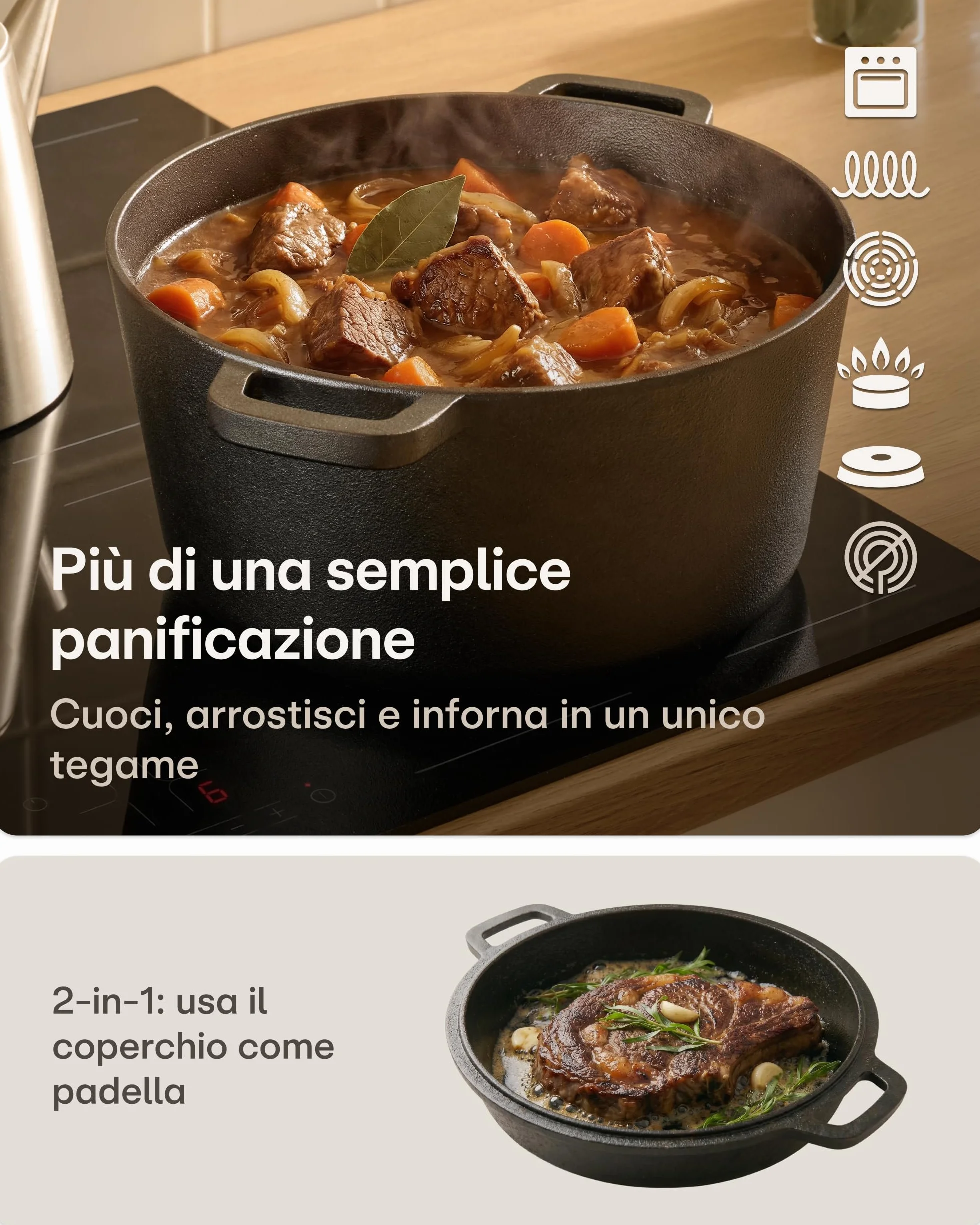 Praknu Pentola Ghisa 26 cm – Casseruola In Ghisa Set – con Cestino Lievitazione & Sacchetto Per Pane – Coperchio Incluso – 4,7 L Dutch Oven