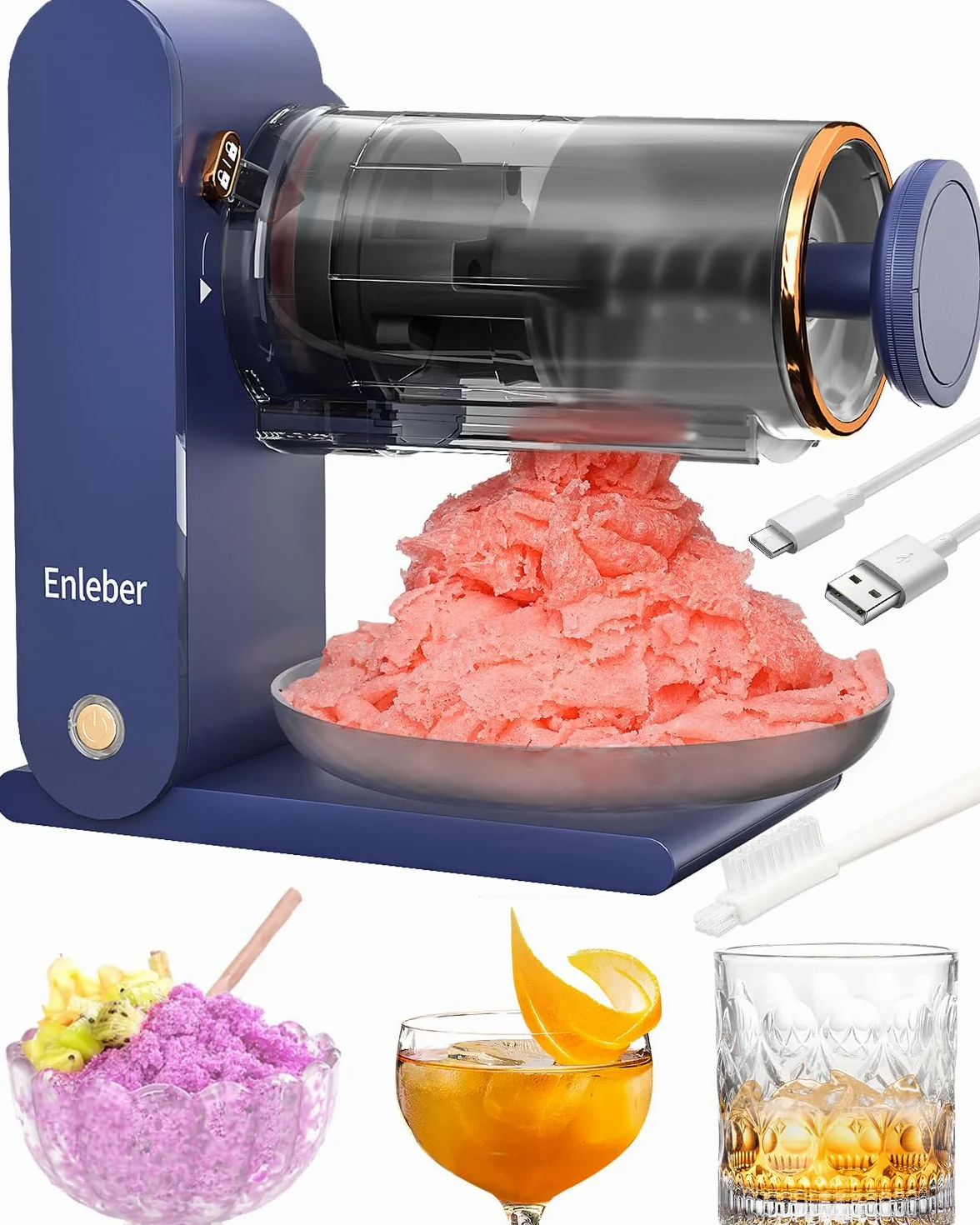Enleber Tritaghiaccio Elettrico,Tritaghiaccio per Granite e Macchina per Granita,Macchina del Ghiaccio Ideale per Granite,Cocktail e Sorbetti -Blu Scuro