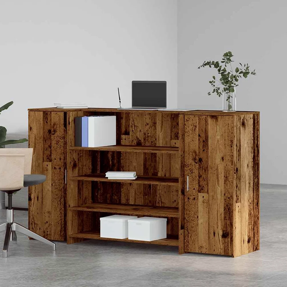 Bancone per ricevimento, effetto legno anticato, 3 pezzi, 180 x 50 x 103,5 cm | Banco di consulenza modulare con molto spazio per ufficio, studio di bellezza, hall hotel e studi medici.