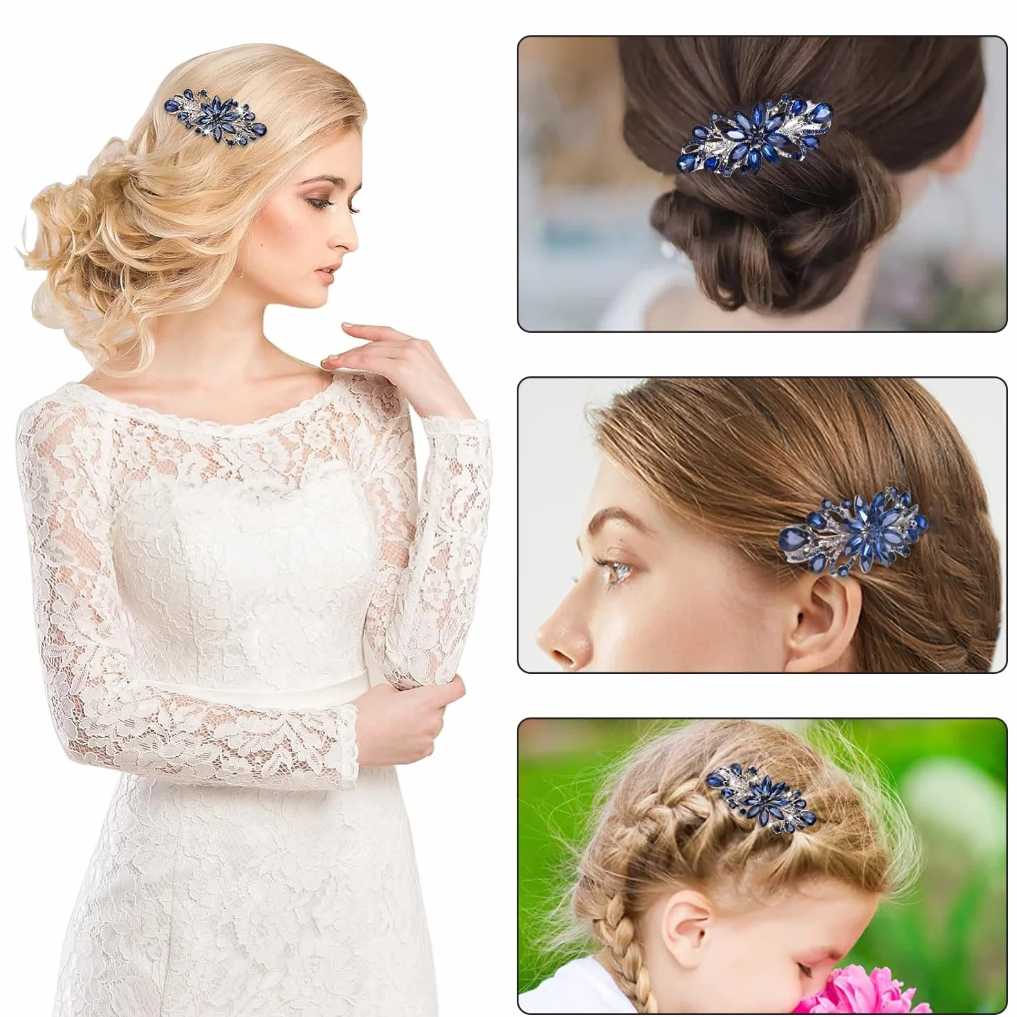Fermagli per capelli a forma di fiore vintage con strass blu