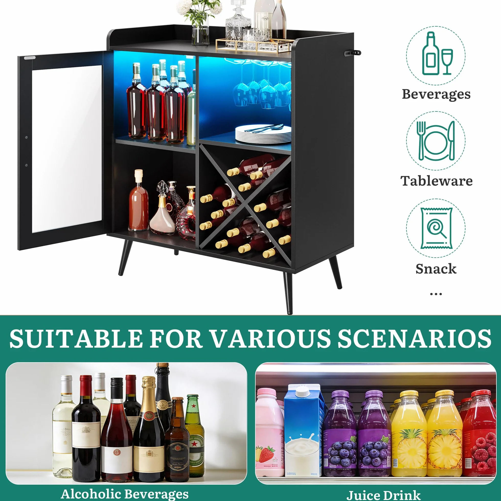 YITAHOME Piccolo mobile da bar con luci a LED, porta in acrilico e portabottiglie per vino, caffetteria con portabicchieri, credenza per casa, bar, sala da pranzo, soggiorno o cucina, nero