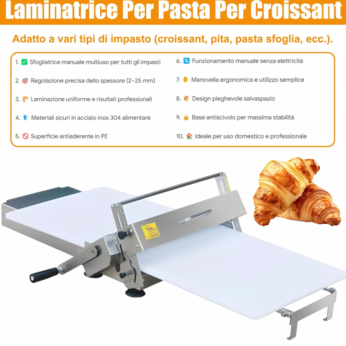 Sfogliatrice Pieghevole Professionale per Pasta Sfoglia e Croissant Laminatrice Compatta Acciaio Inox Large