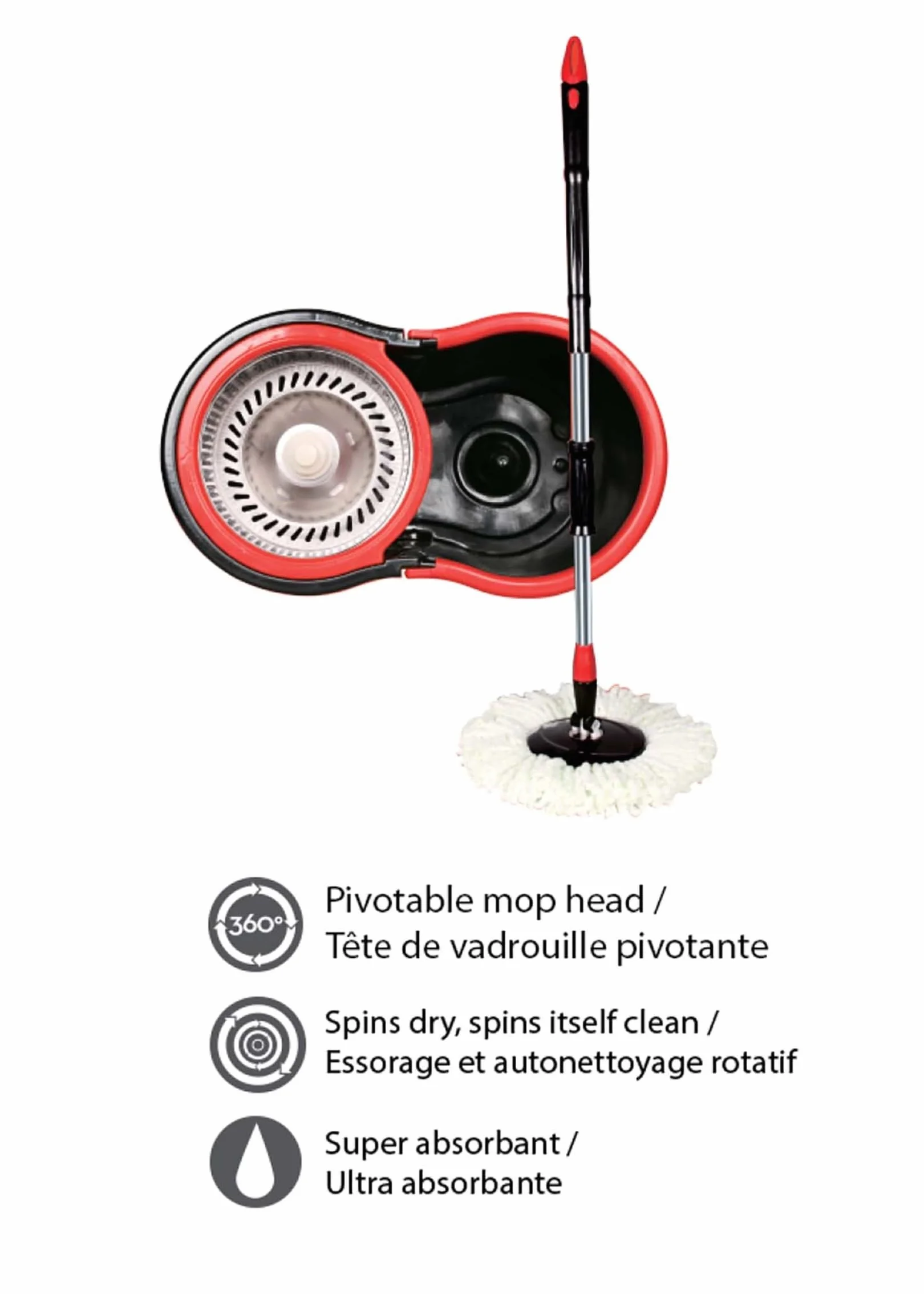 Meridiana - Spin mop Lavapavimenti Con Sistema di Strizzatura Manuale attivabile attraverso il Manico, Set per la Pulizia dei Pavimenti con Secchio e Cestello in ACCIAIO INOX, Panno 100% Microfibra