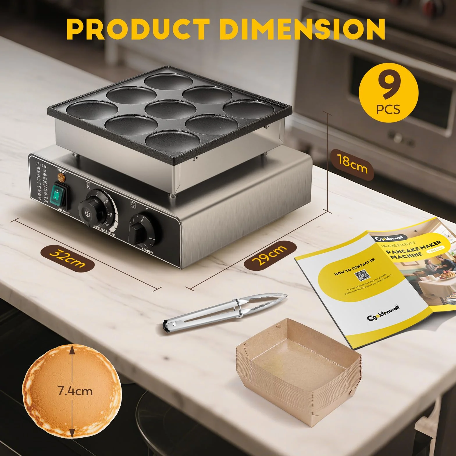 CGOLDENWALL 9 Fori Macchina Per Pancake Olandese Antiaderente, Timer 0-5 min, Temperatura 50-300℃, Mini Dutch Pancake Maker
