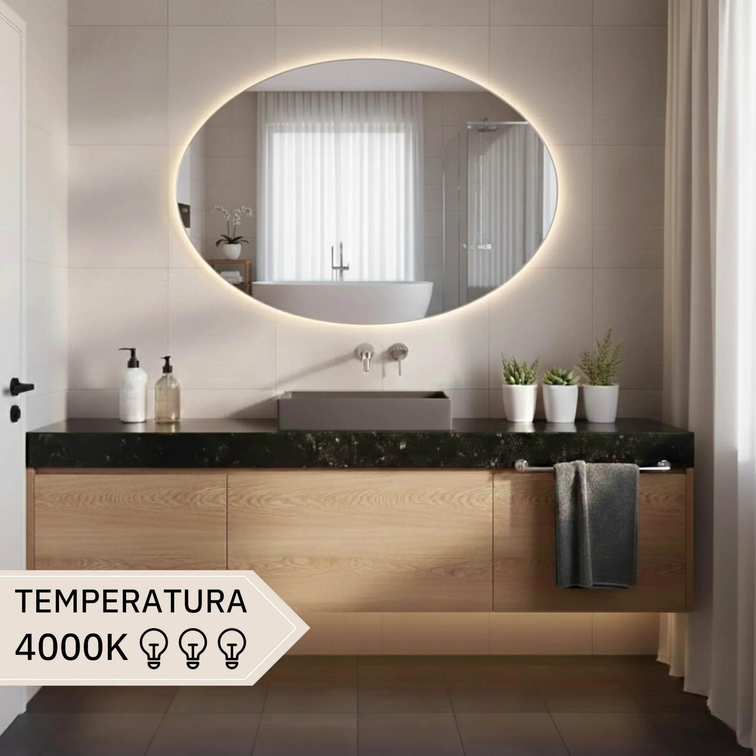 STYLE GLASS MOSES 80x60cm - Specchio con Striscia LED 4000K - Specchio bagno Ovale MOSES - Specchio da parete - Specchio con led - Specchiera Bagno Made in Italy Bordo Filo Lucido Moderno