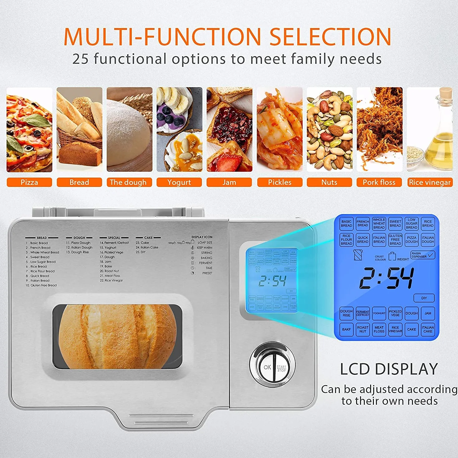 Macchina per il pane 550W, Panificatore automatico con 25 programmi, Capacità 500-1000g Argento