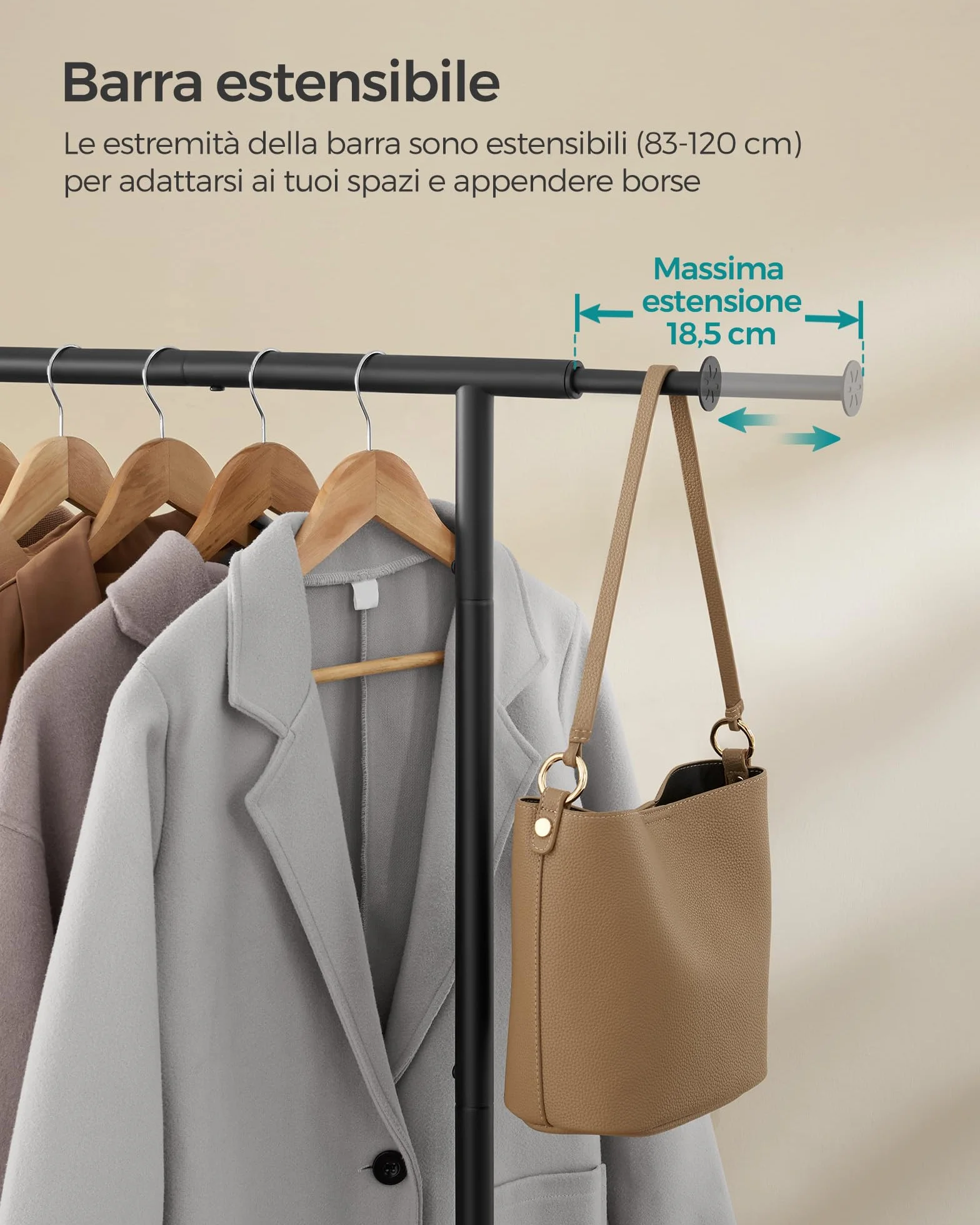 SONGMICS Stand Appendiabiti con Ruote, Attaccapanni Estensibile in Metallo, 40x(83-120)x156 cm, 45 kg, Nero HSR134B01