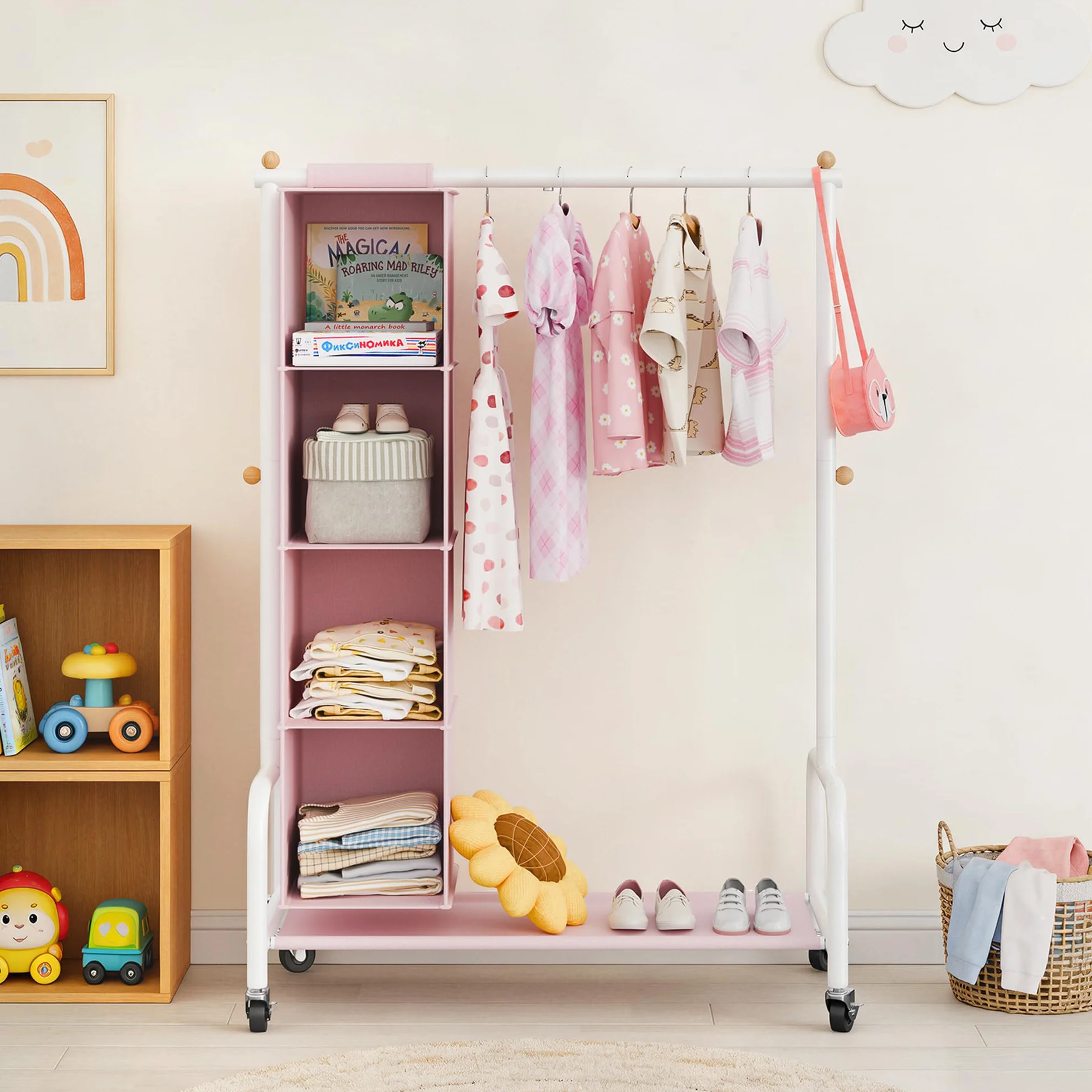 GRANNY SAYS Appendiabiti per Bambini con Organizer a Sospensione, Appendiabiti con Ruote per Travestimenti, Appendiabiti per Bambini, Appendiabiti per la Cameretta dei più Piccoli, Rosa/Bianco