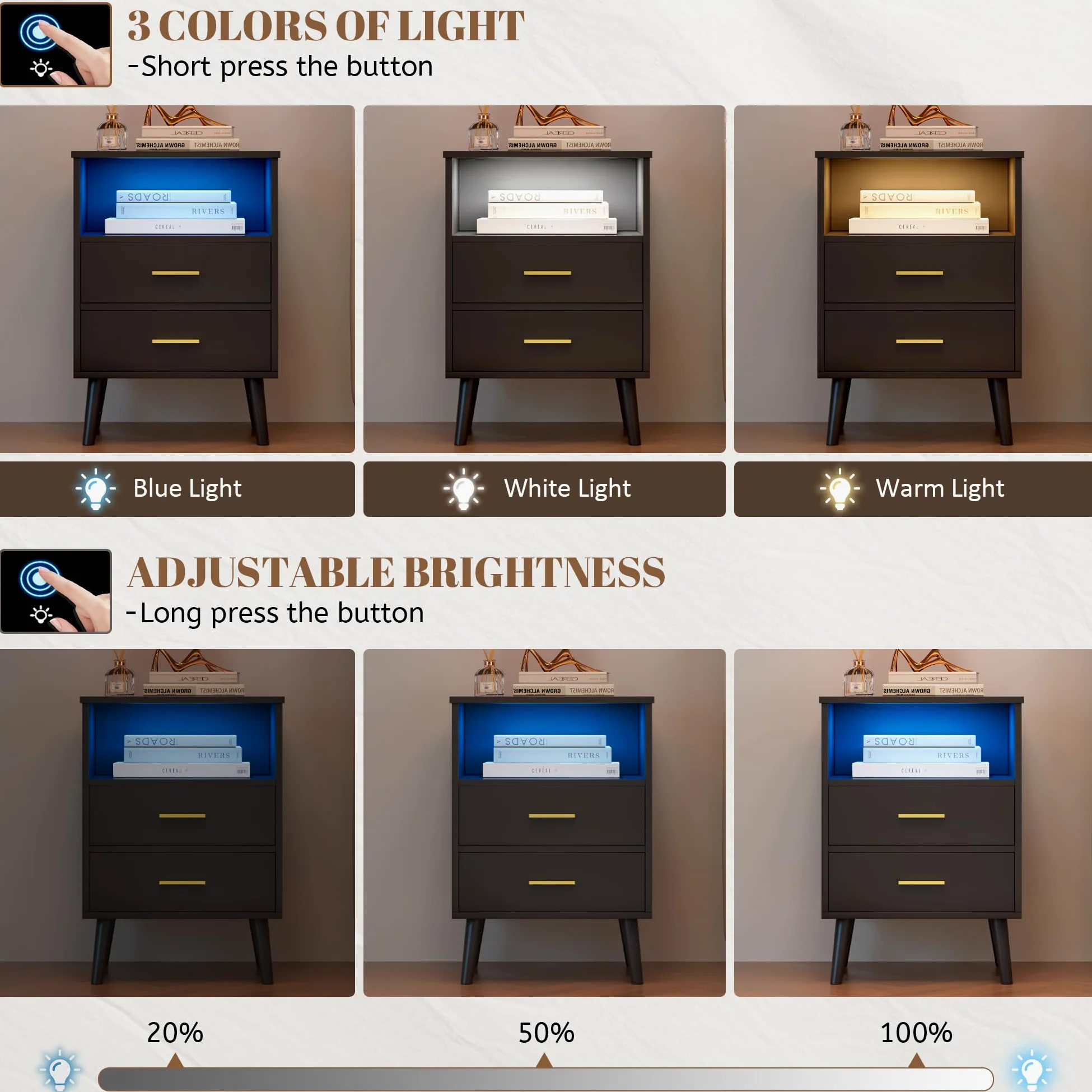 Vlsrka LED Comodino con Cassetto Nascosto, Comodino con Funzione di ricarica, Comodini moderni con 3 Cassetti, Comodini in Legno Camera da letto, Ricarica Wireless, Luci 3 colori, Nero