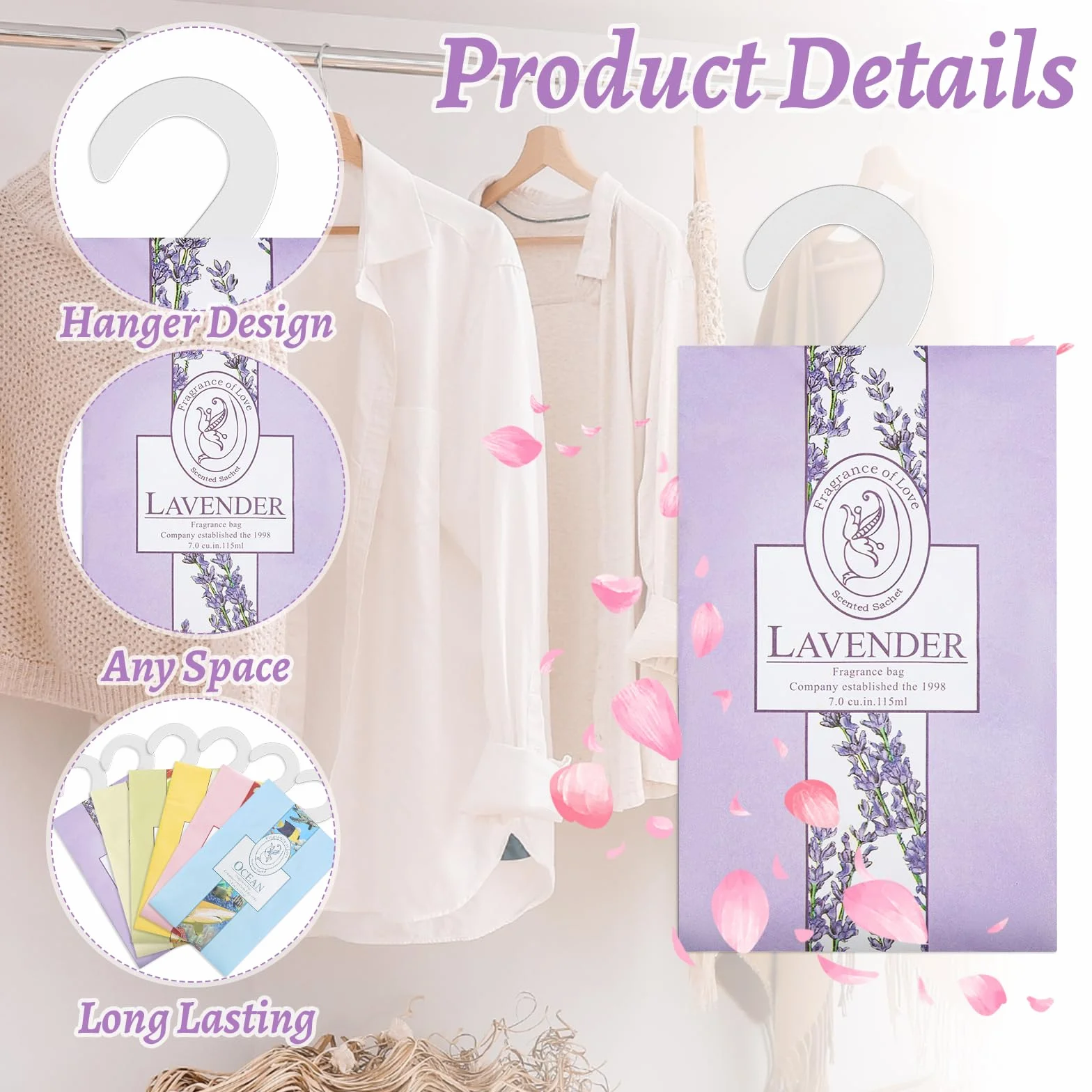 Confezione da 30 sacchetti profumati naturali antitarme, 6 diverse fragranze, deodorante per armadio, con bustine da appendere, deodoranti per guardaroba, carrello da bagno per vestiti