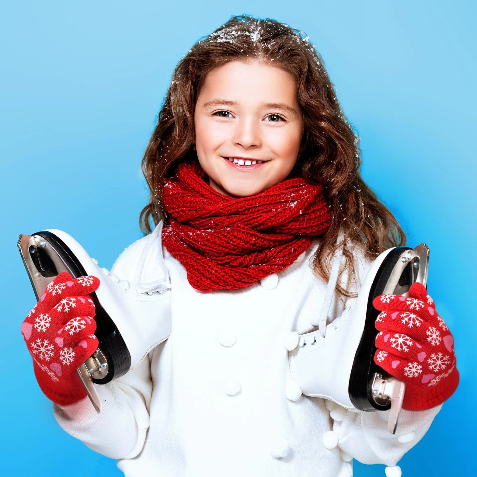 Geyoga 3 Paia Guanti Invernali in Maglia per Bambini 5-10 Anni Azzurro Cielo Nero Rosso