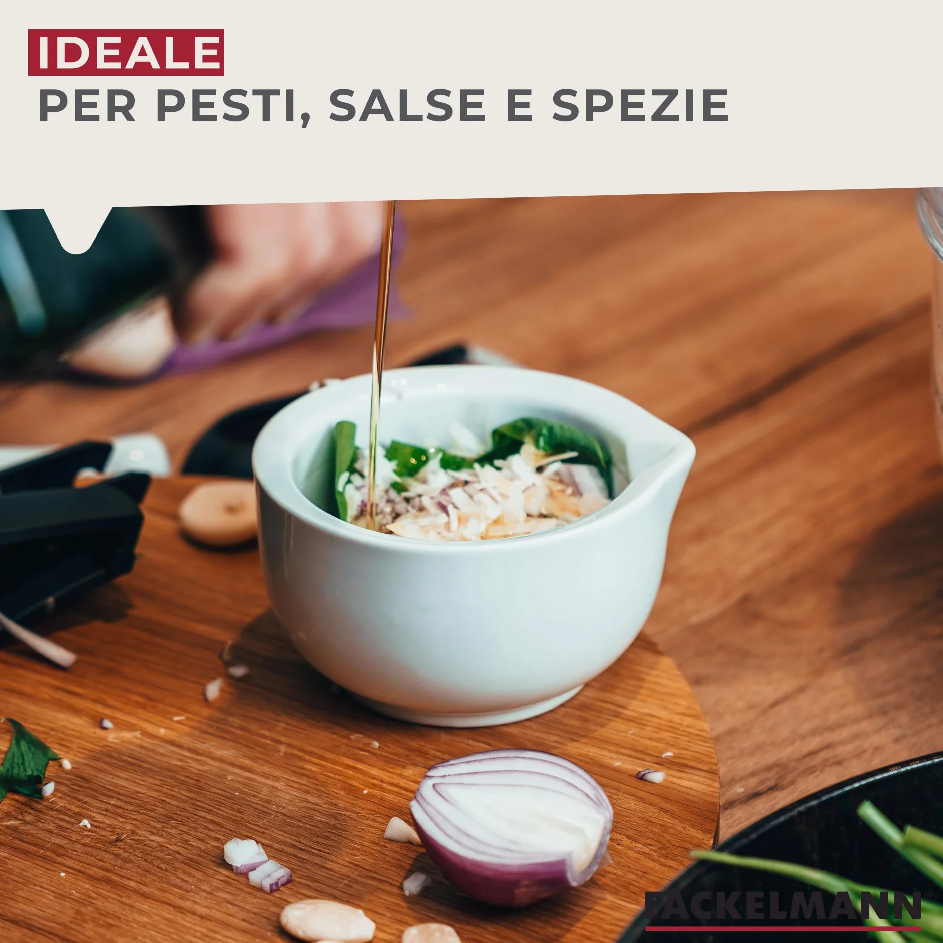 Fackelmann Pestello e Mortaio 11 cm Porcellana Ciotola in Pietra Macinino Erbe Spezie Bianco