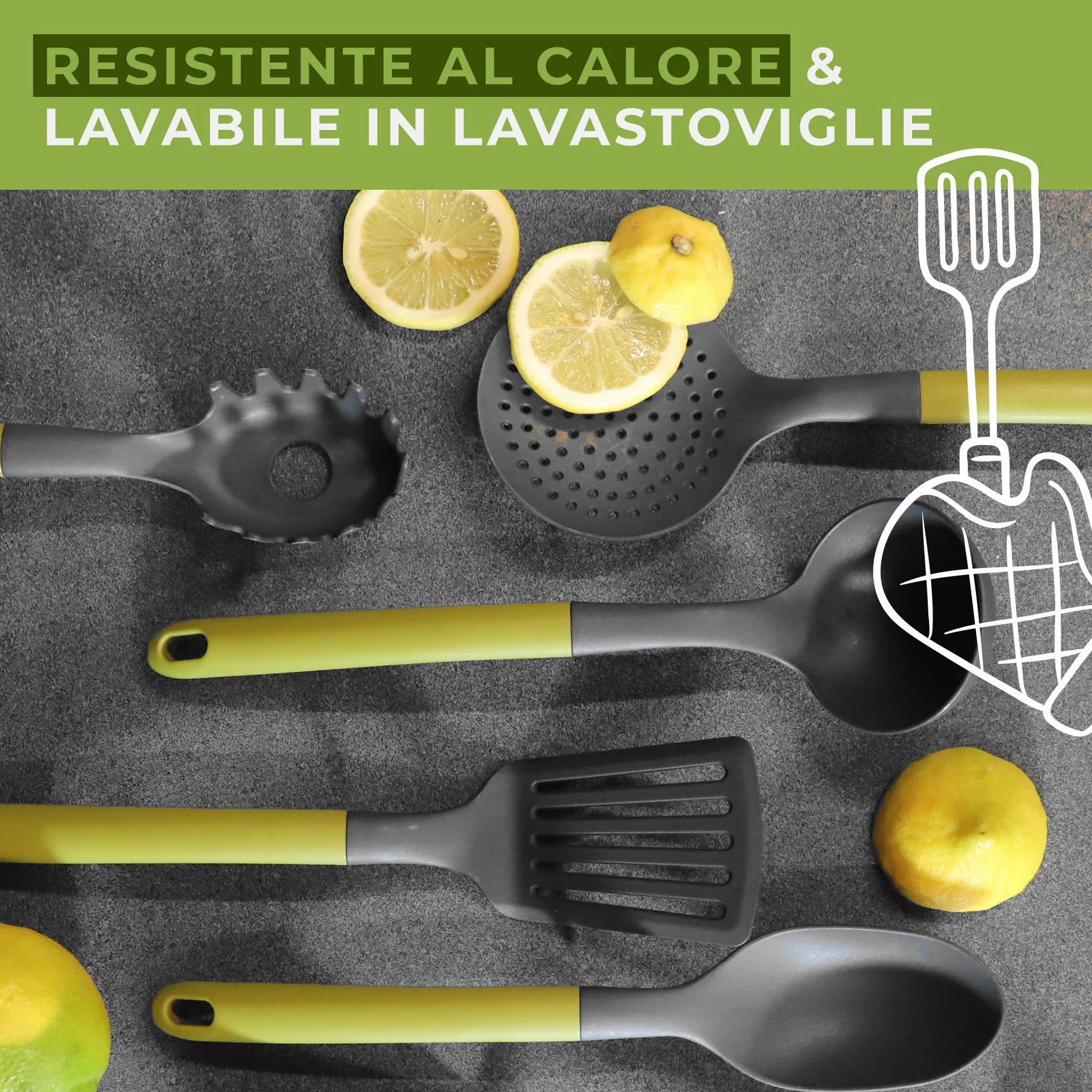 Fackelmann Set Palette da cucina 2 pezzi, paletta forata e lasagne, nylon, lavabili in lavastoviglie, Linea Oliva