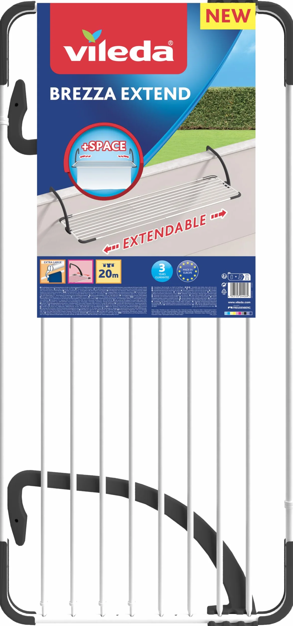 Vileda Brezza Extend Stendibiancheria Estensibile in Acciaio e Resina 20 mt 188x55x30 cm