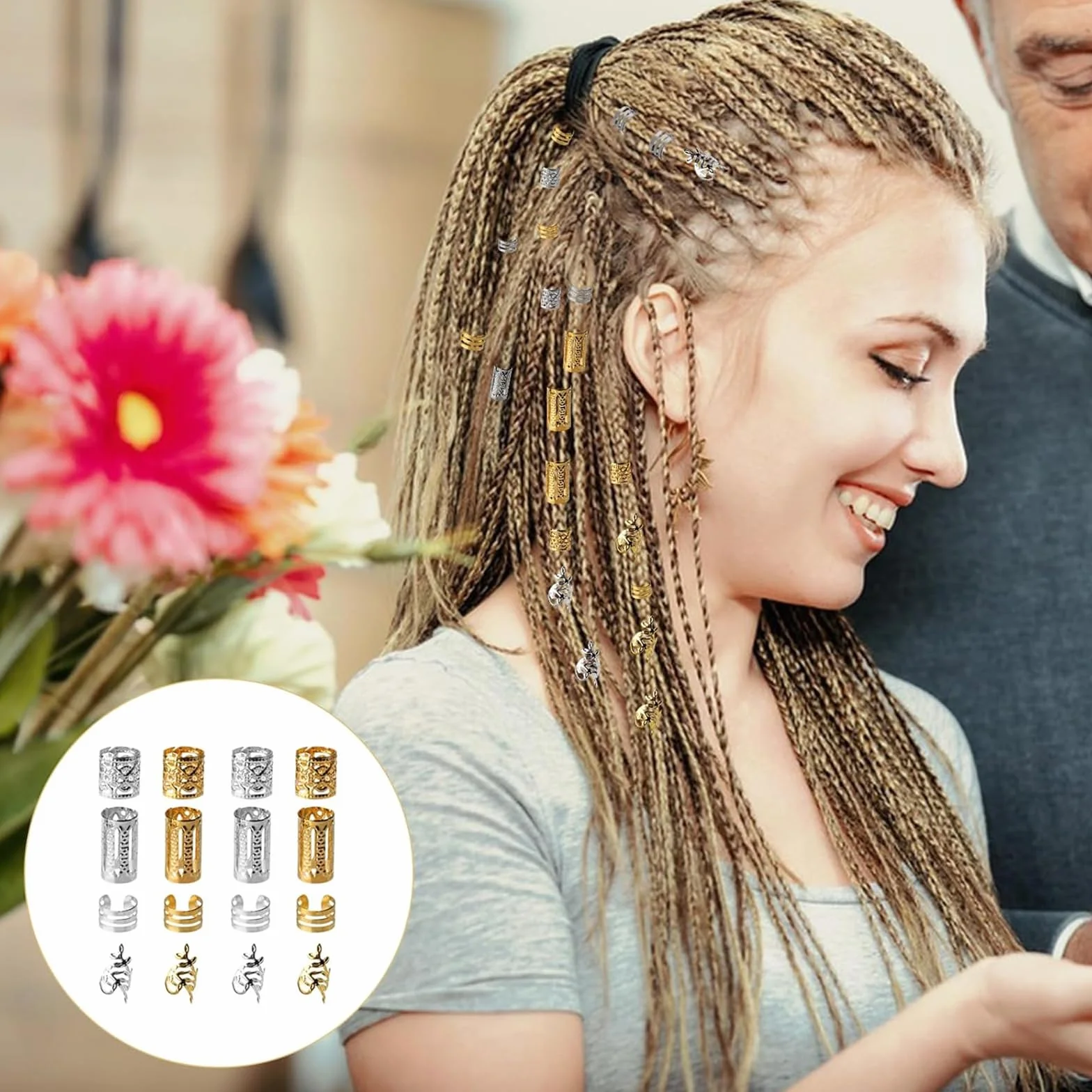 Accessori per Capelli 80 Pezzi, Gioielli per Capelli con Clip, Perline per Dreadlocks in Ferro