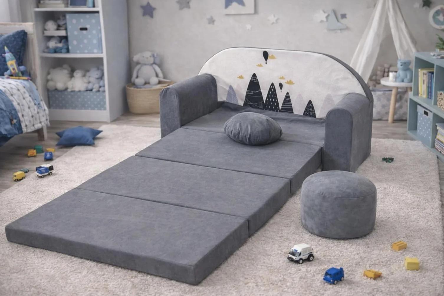 Divano letto pieghevole per bambini con funzione letto Perfetto per giocare e dormire - Con materasso, cuscino e pouf sfoderabili - 98x168x59 cm AX2 Grigio - Cime delle montagne