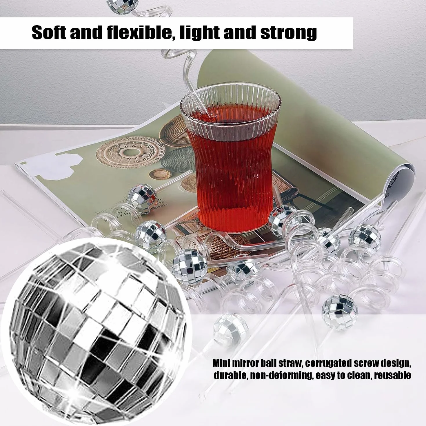 Cannucce con Sfera da Discoteca, mini Cannucce con Sfera a Specchio, Riutilizzabili, per Feste di Compleanno, Confezione da 12
