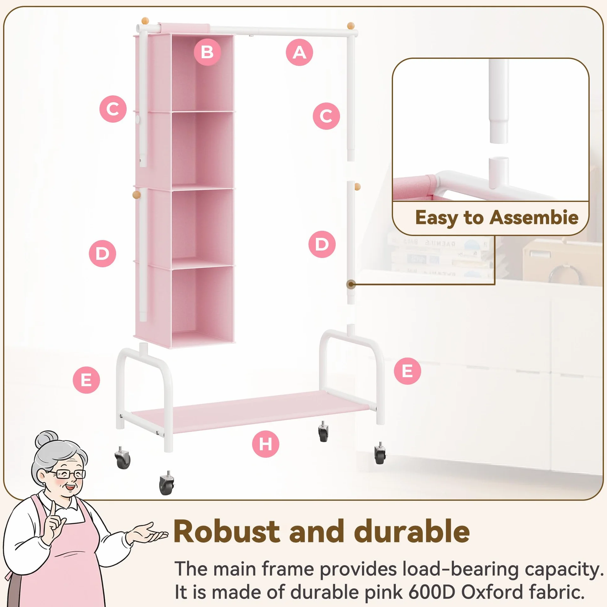 GRANNY SAYS Appendiabiti per Bambini con Organizer a Sospensione, Appendiabiti con Ruote per Travestimenti, Appendiabiti per Bambini, Appendiabiti per la Cameretta dei più Piccoli, Rosa/Bianco