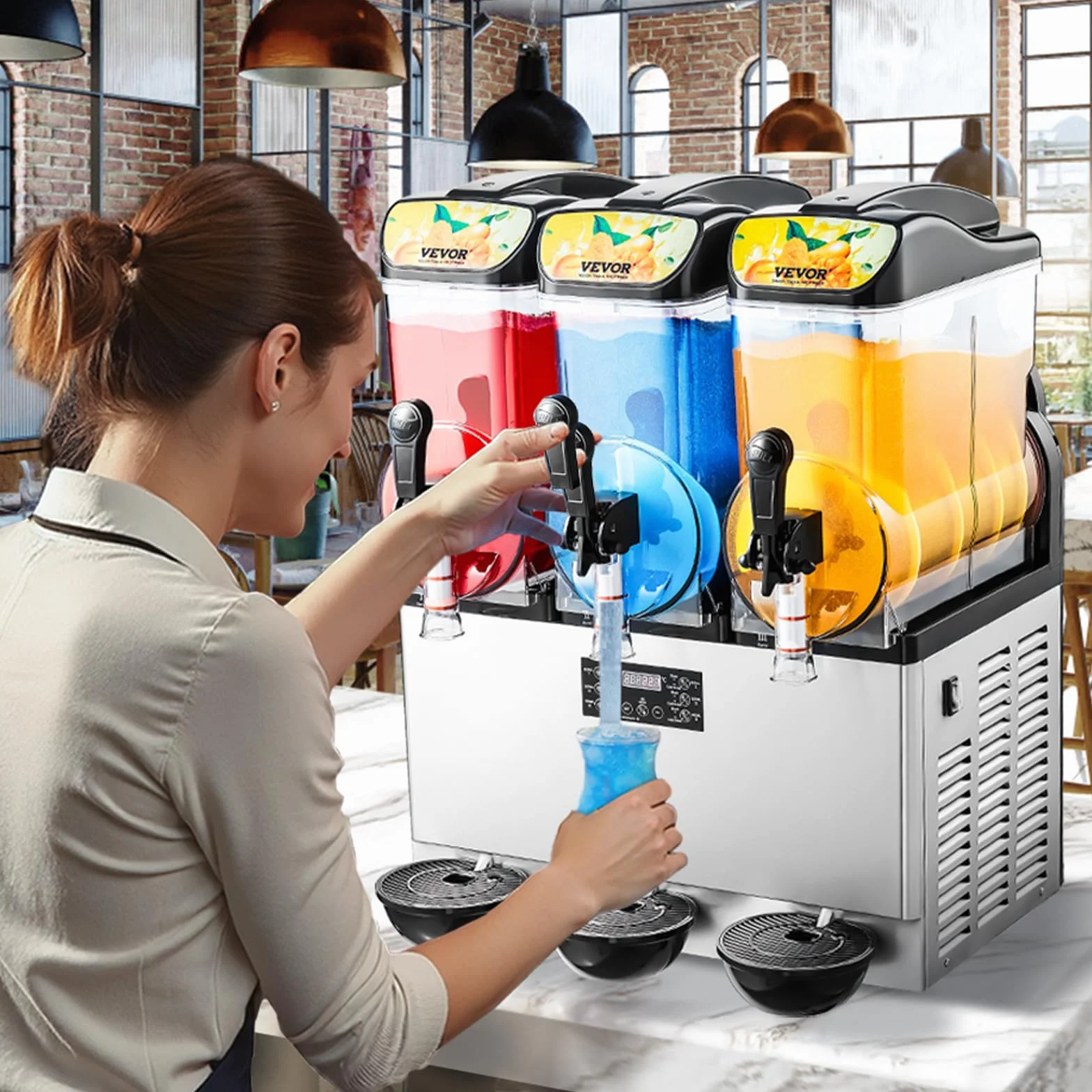 VEVOR Macchina per Bevande Ghiacciate Commerciale, Macchina per Granita Slushy a Triplo Serbatoio 15L x 3 Acciaio Inox