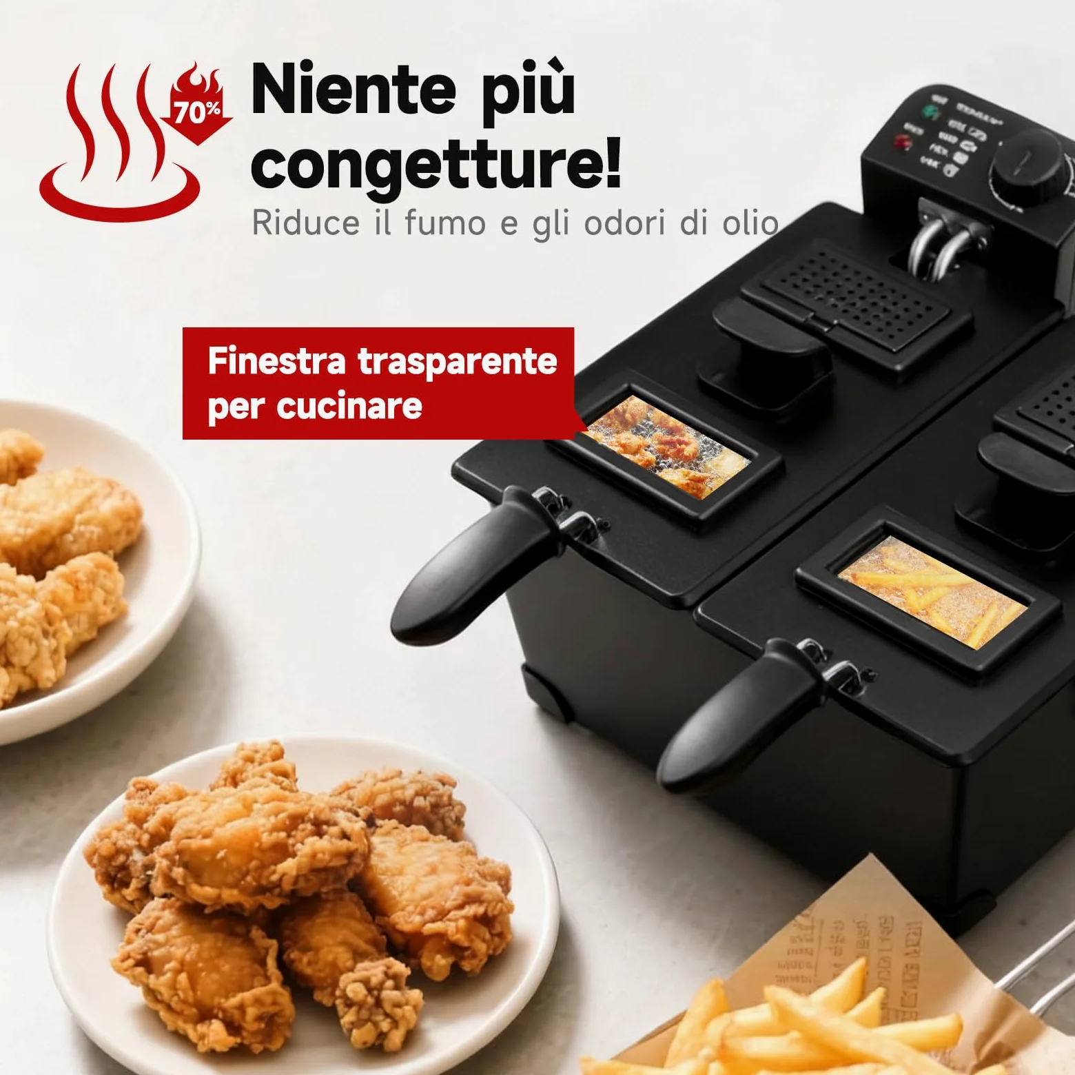 Aigostar Friggitrice doppia vasca. capacità totale 6L, 2 cestelli da 3L. Controllo termostatico, coperchi con finestre. Friggitrice elettrica professionale senza BPA.3600W