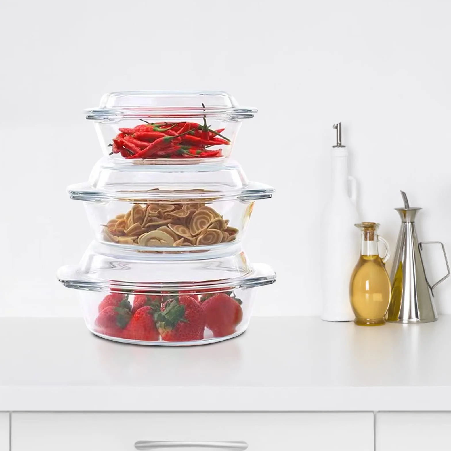 Set di 6 Pezzi Casseruola Tonda in Vetro Con Coperchio, 1L+1.5L+1.8L Temperato Teglia da Forno per Forno, Congelatore e Lavabile in Lavastoviglie