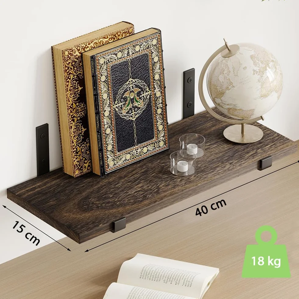 Mensole galleggianti da Parete in Legno 40 x 15 cm, Scaffali a Muro Multiuso con Staffe in Metallo, Set 10, Rovere