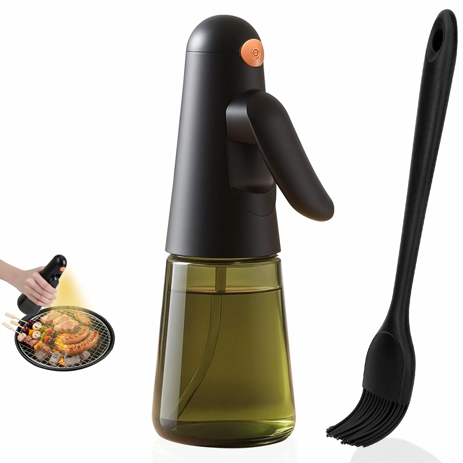 Euqvunn Spruzzino Olio per Friggitrice ad Aria 200ml Vetro Anti-Luce Design Anti-Fuga 360° Oliera Spray Cucina con Pennello Nero