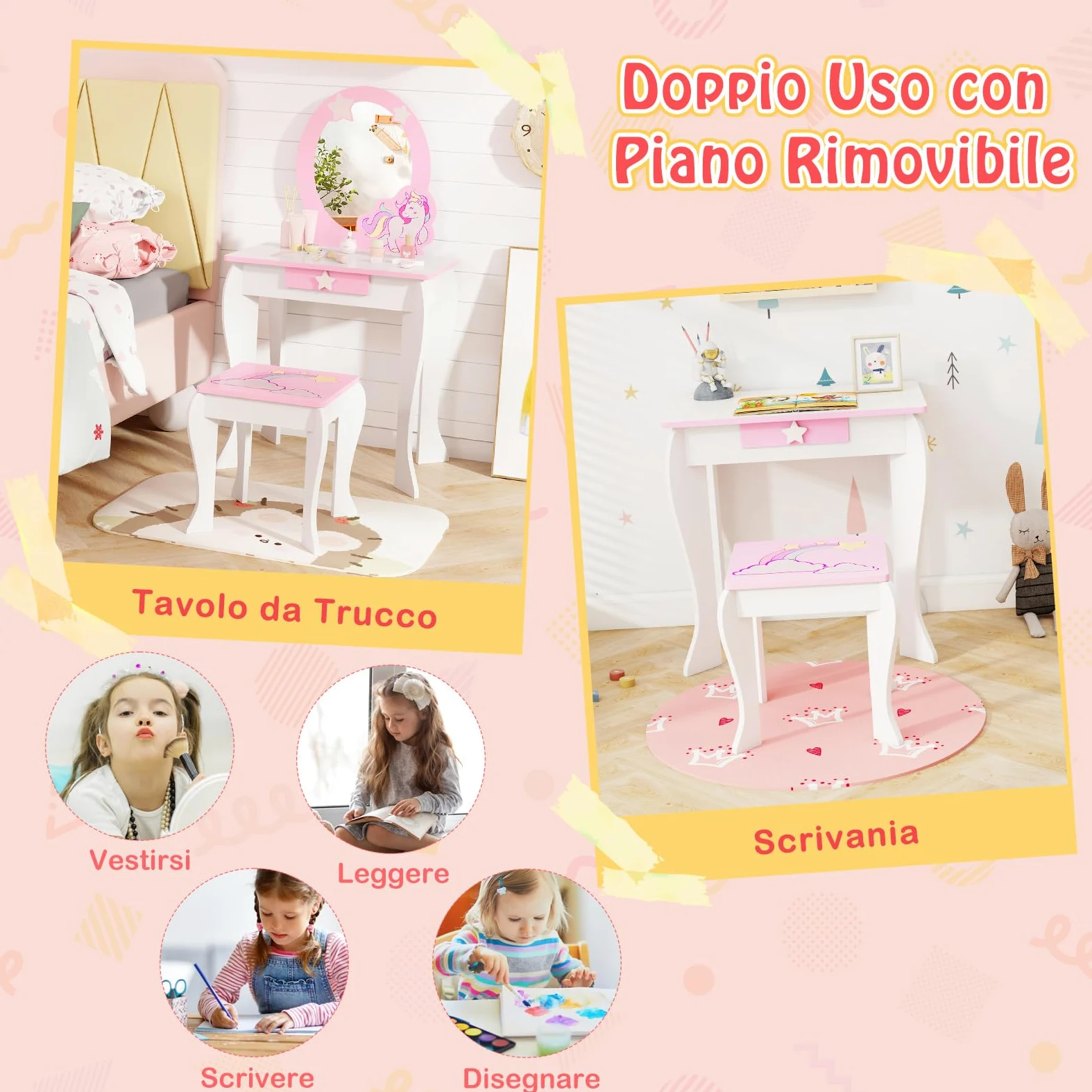 COSTWAY Set Toeletta per Ragazza, Toeletta Trucco per Bambini con Sgabello, Specchio Staccabile e Cassetto, Postazione Trucco in Legno per Cameretta 49.5 x 35.5 x 89cm (Bianco)