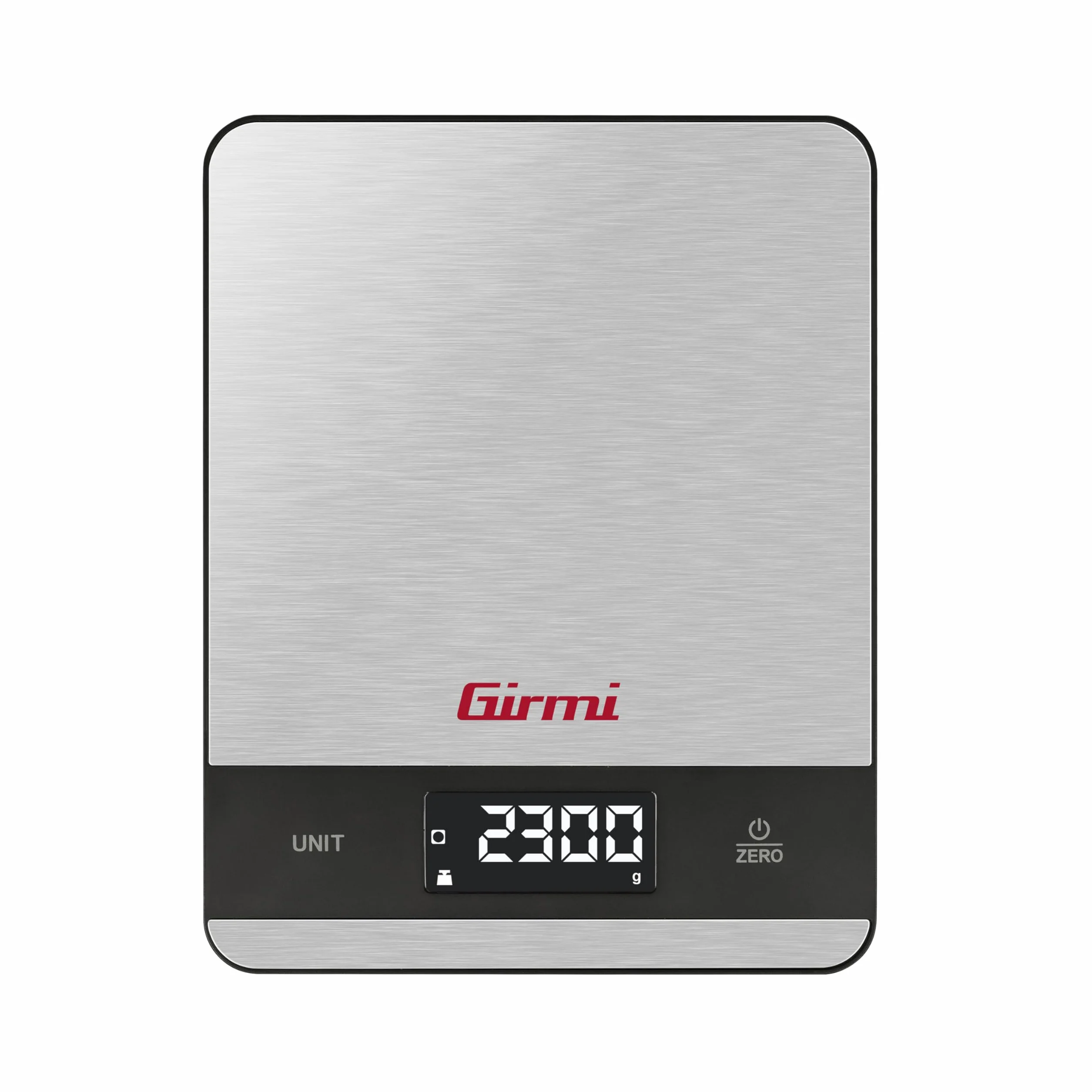 Girmi PS05 Bilancia da cucina Elettronica, 1 gr/5Kg, Piatto Inox, Display ad alta luminosità, Autospegnimento, Funzione TARA, Indicatori di errore, Display 50 x 22, Appendibile, Grigio