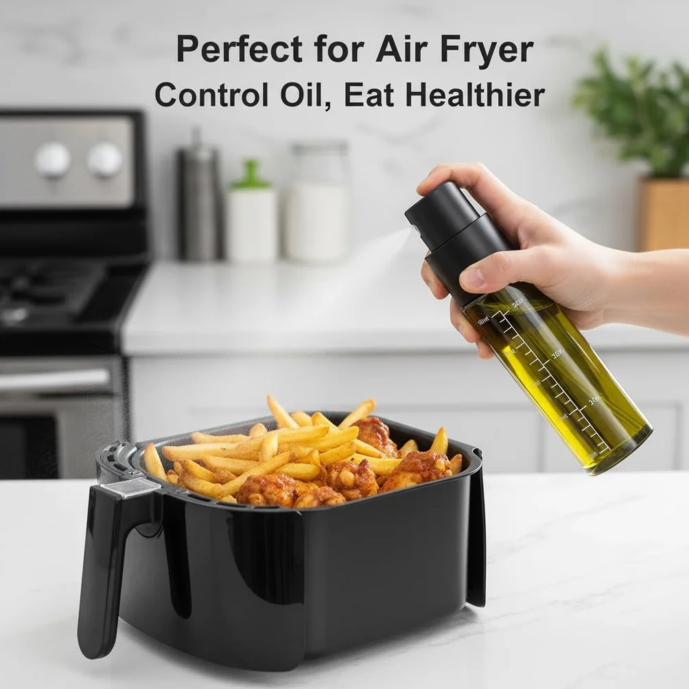 Spruzzatore Olio per Cucina in Vetro BPA Free con Scala, Imbuto e Spazzola - Oliera Spray per Air Fryer, BBQ, Insalata