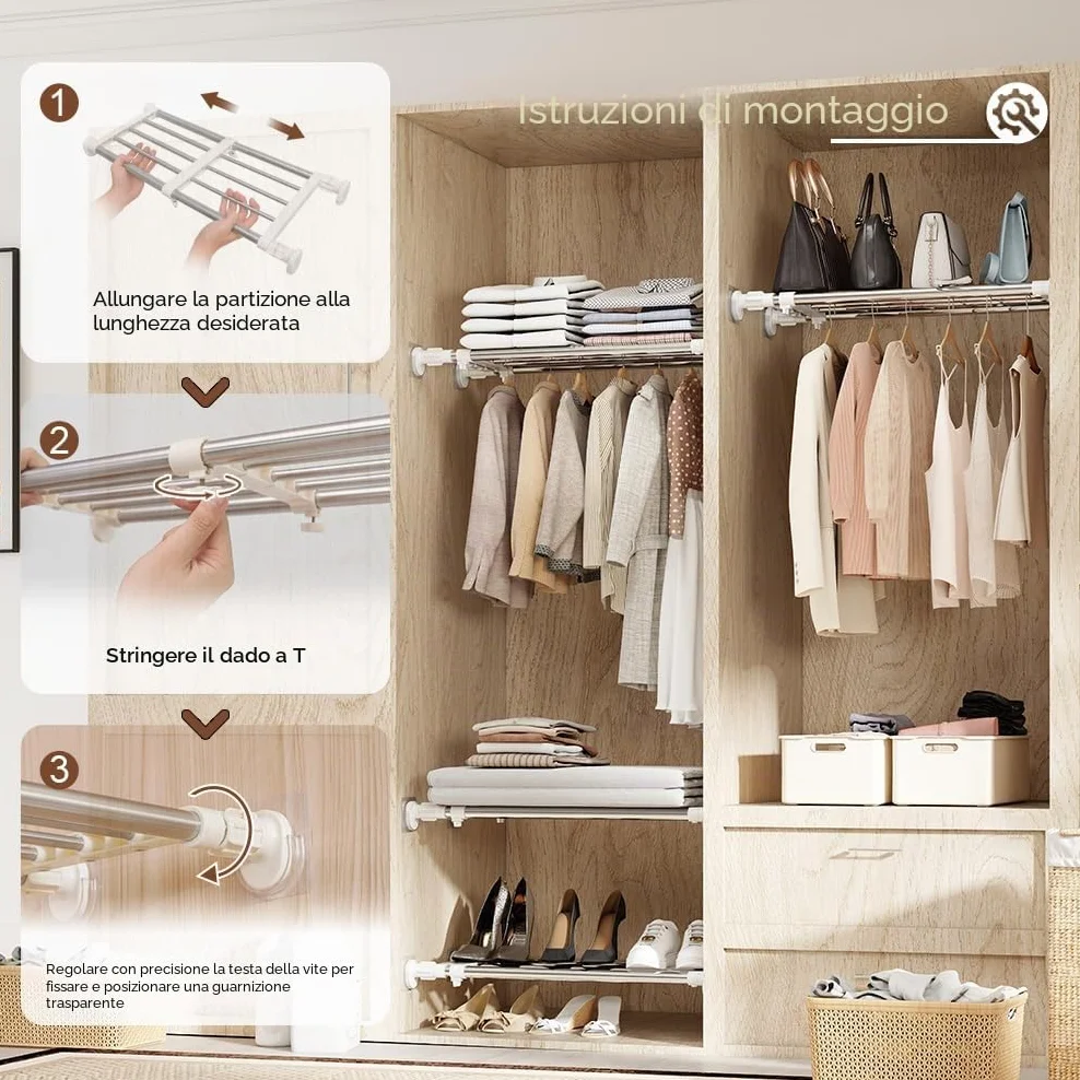 Hershii Regolabile Scaffale Divisorio per Guardaroba Rack di Stoccaggio