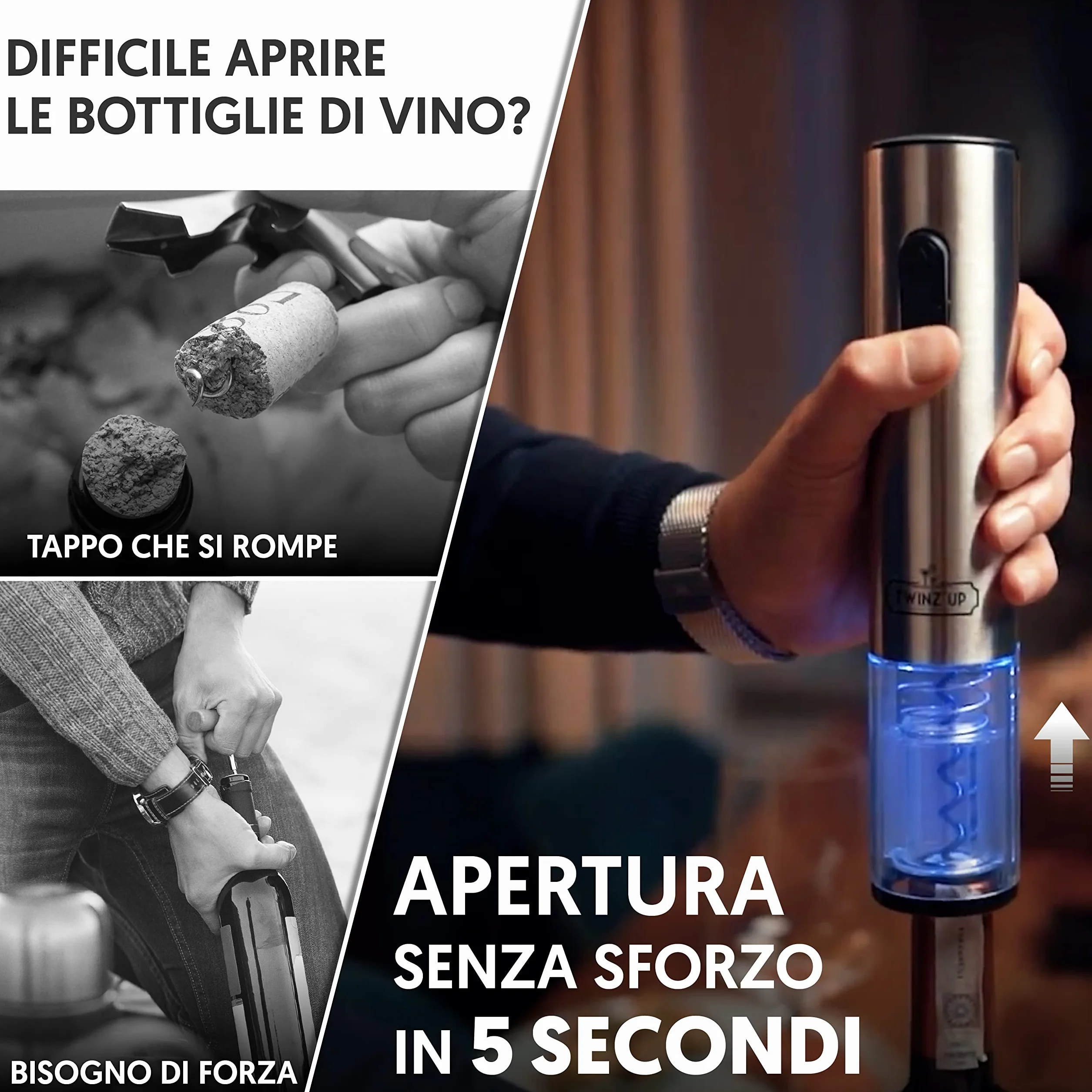 Twinz'Up Apribottiglie Elettrico Ricaricabile Cavatappi Elettrico per Vino con Taglia-Capsule