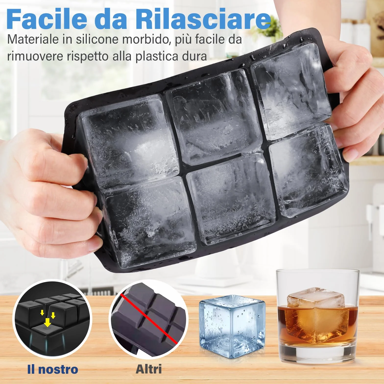 Stampo Ghiaccio Grande Silicone con Coperchio 2 Pezzi, Senza BPA, Impilabile per Whisky Cocktail Succo Gelato