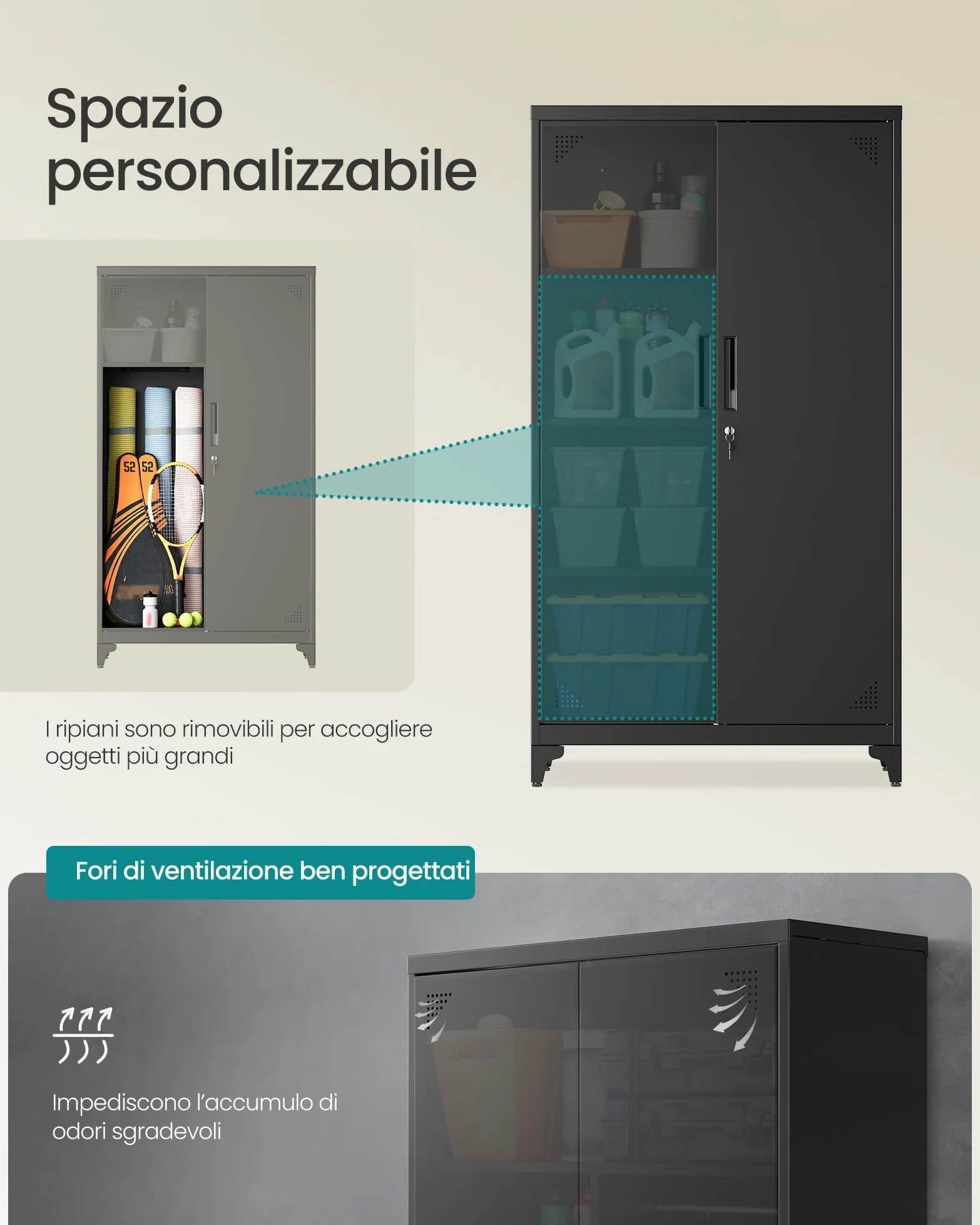 SONGMICS Armadio Multiuso, Guardaroba, Mobile da Ufficio in Metallo, con 2 Ante, 5 Scomparti, Barra Appendiabiti, Chiusura a Chiave, Piedini Alti, 80 x 40 x 165 cm, Nero Opaco OMC018BD01