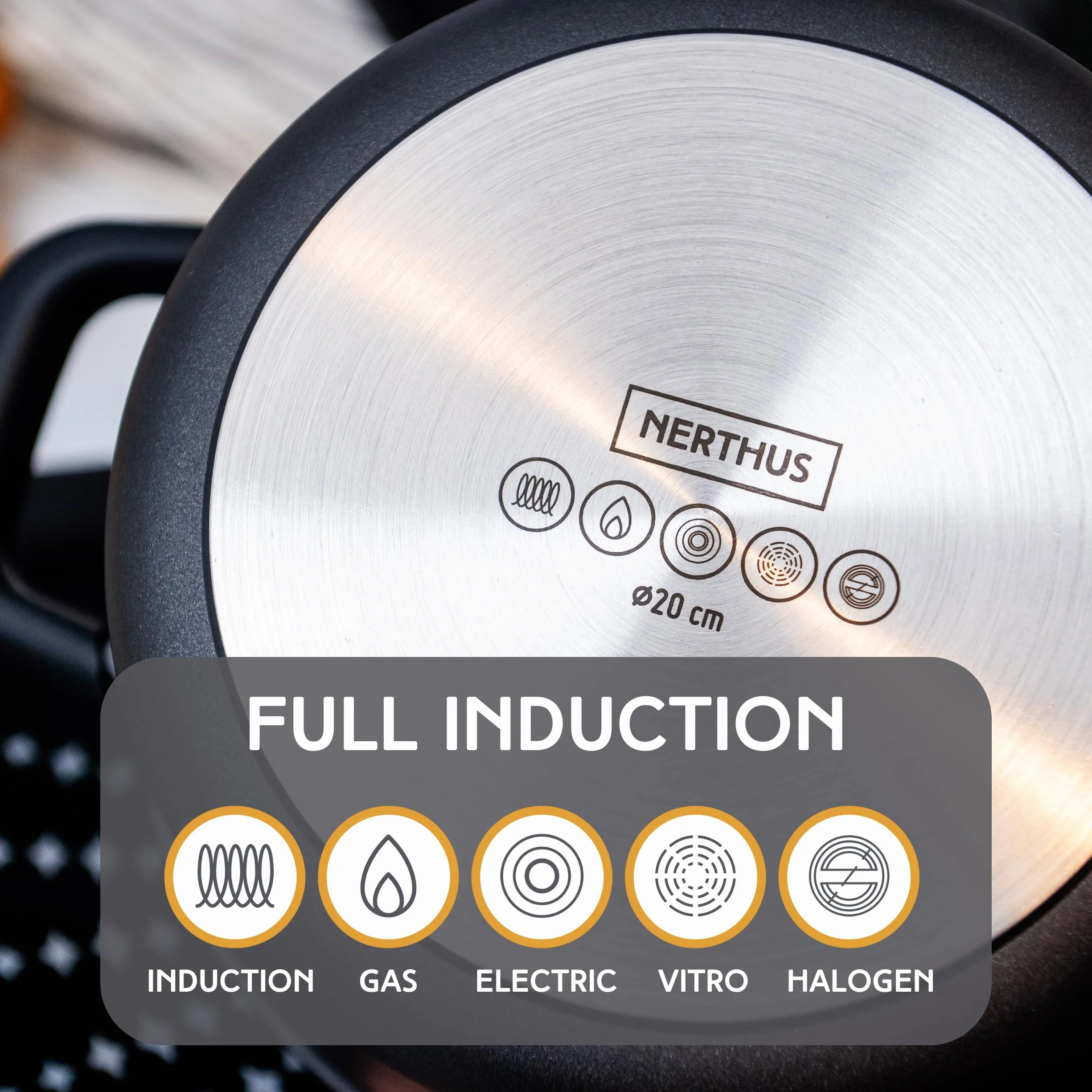 Nerthus FIH 1555 casseruola alta in alluminio pressofuso con rivestimento antiaderente quantanium adatta a induzione gas e vetroceramica coperchio in vetro con valvola e manici in silicone removibili