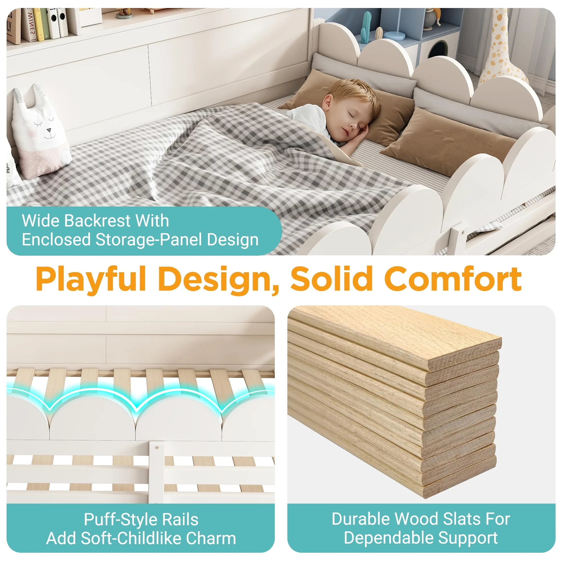 Montessori Letto a Terra per Bambini 140x200cm con Mensola, Protezione Anticaduta e Sportello, Letto Piazza e Mezza per Bambini, Strutture letto in legno di Pino per Cameretta ragazzi (Senza Materasso