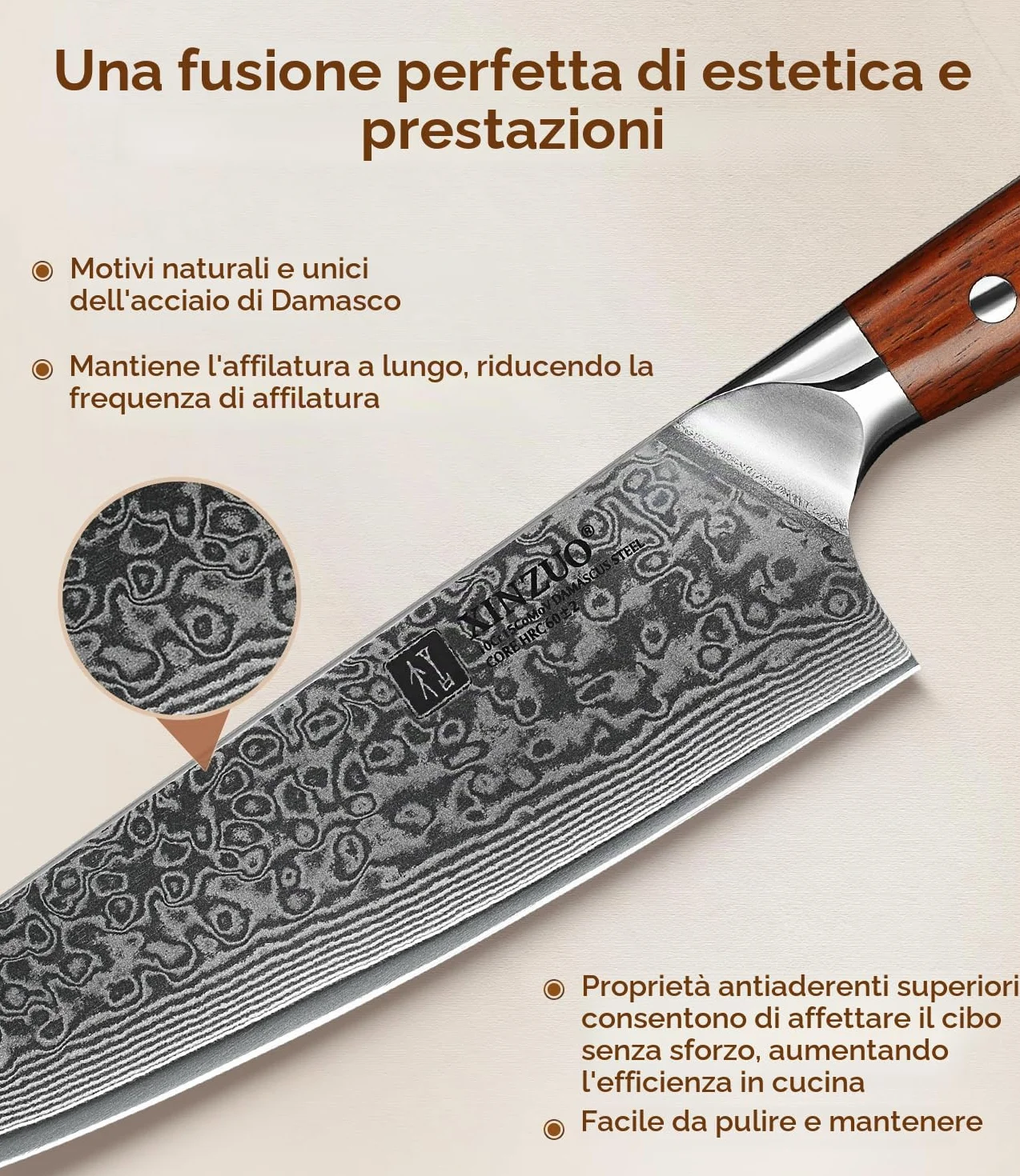 XINZUO Coltello da Chef 21cm Professionale Gyuto 10Cr15CoMoV Acciaio Damasco Manico Legno di Rosa