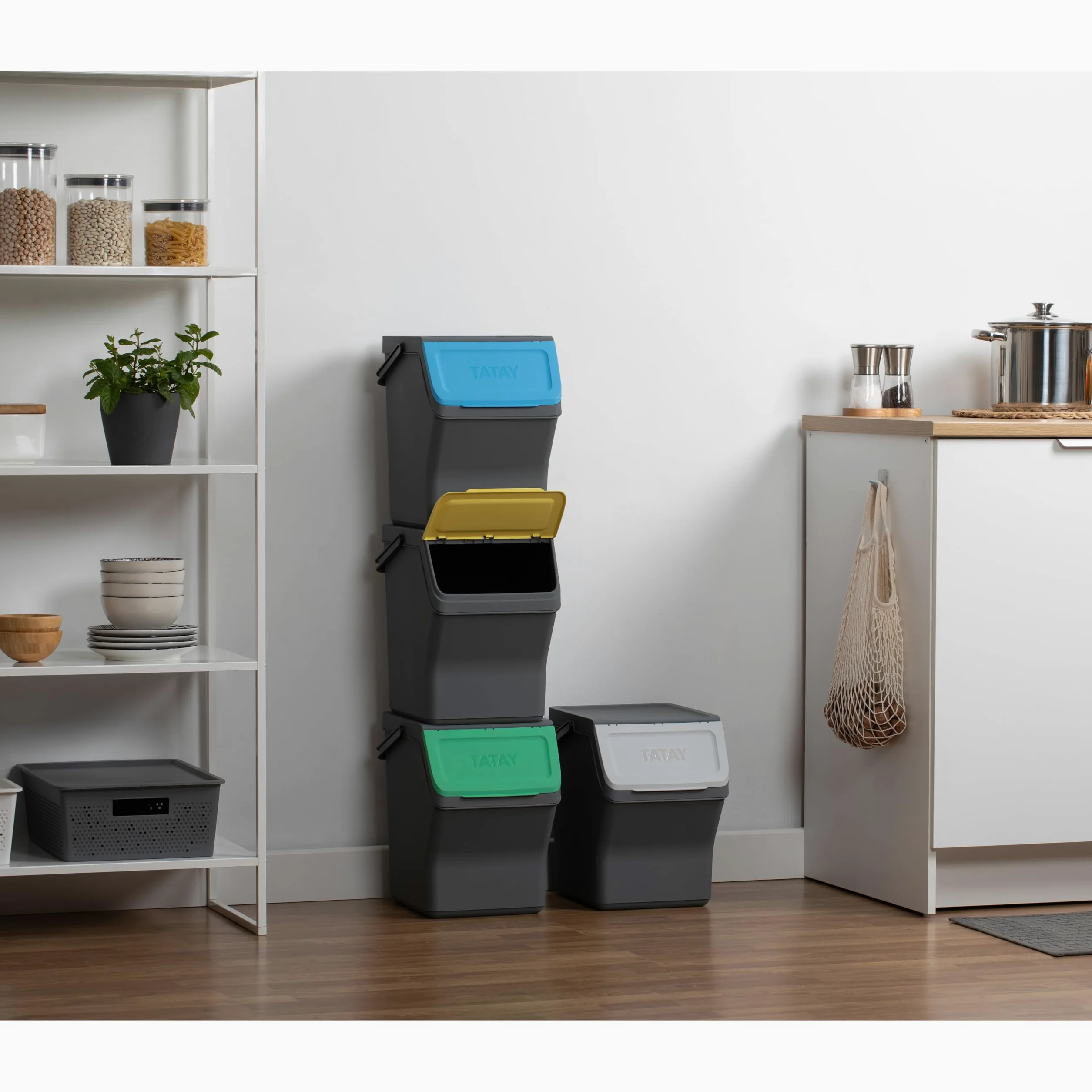 TATAY Contenitori Differenziata Easy Waste 20L | Set da 4 | Design Modulabile e Impilabile | Coperchio con Sistema Click | Manico Integrato per il Trasporto | Materiale Riciclato | 35x27x36cm, Grigio