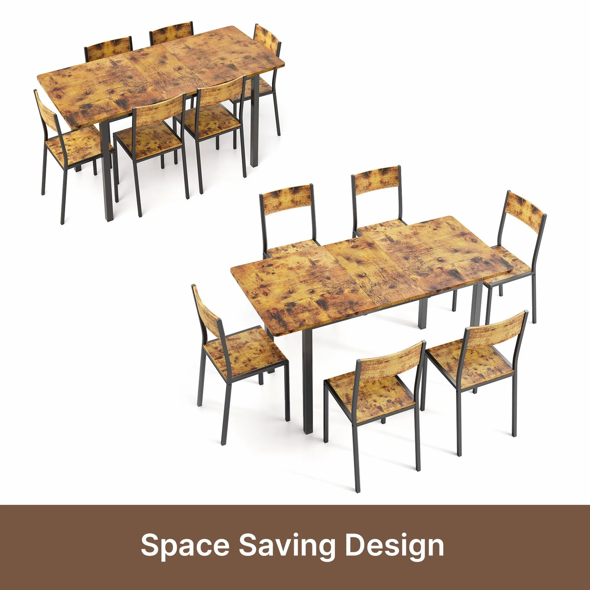 Xbro Set Tavolo e Sedie 6 Posti Allungabile, Tavolo da Pranzo con 6 Sedie, Salvaspazio, Struttura in Metallo Stabile, Facile da Montare, Cucina Soggiorno 110–140 cm