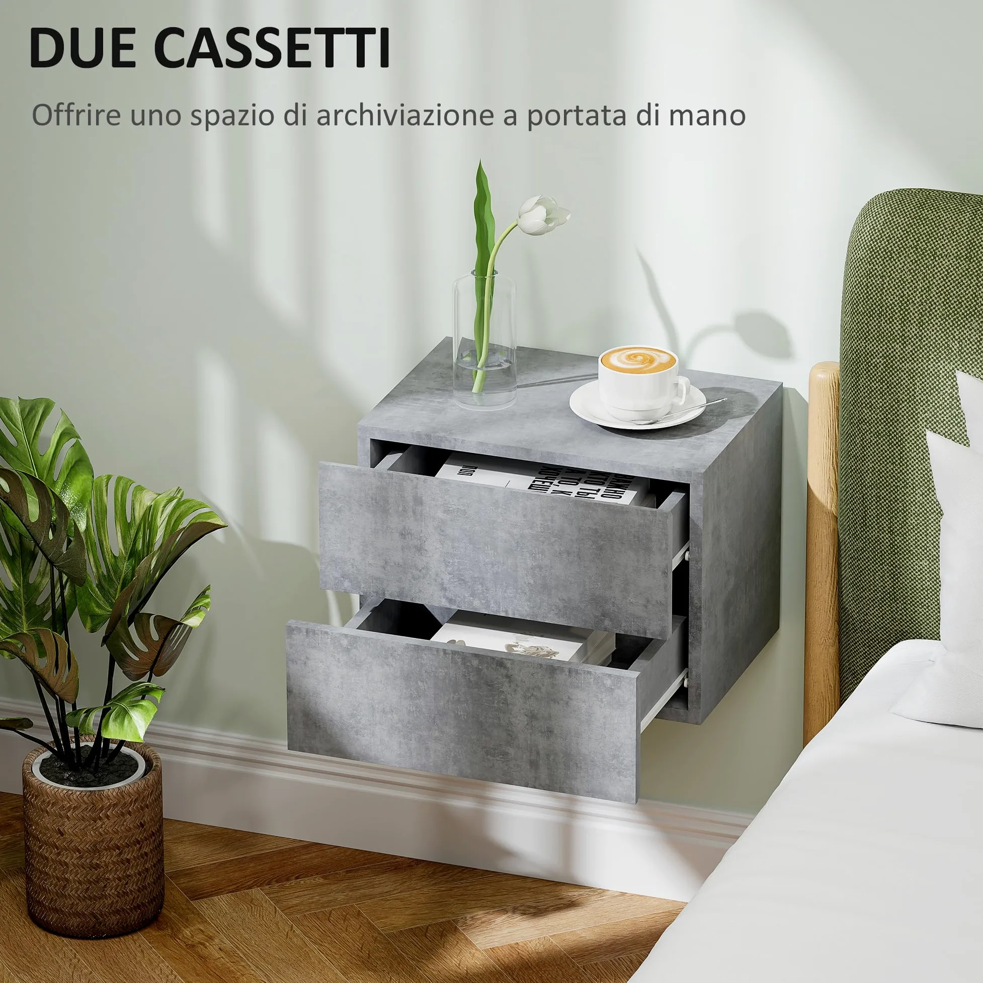 HOMCOM Set di 2 Comodini Sospesi con 2 Cassetti 40x29x30 cm Grigio Cemento | Comodini Camera da Letto, Tavolini Salvaspazio da Salotto