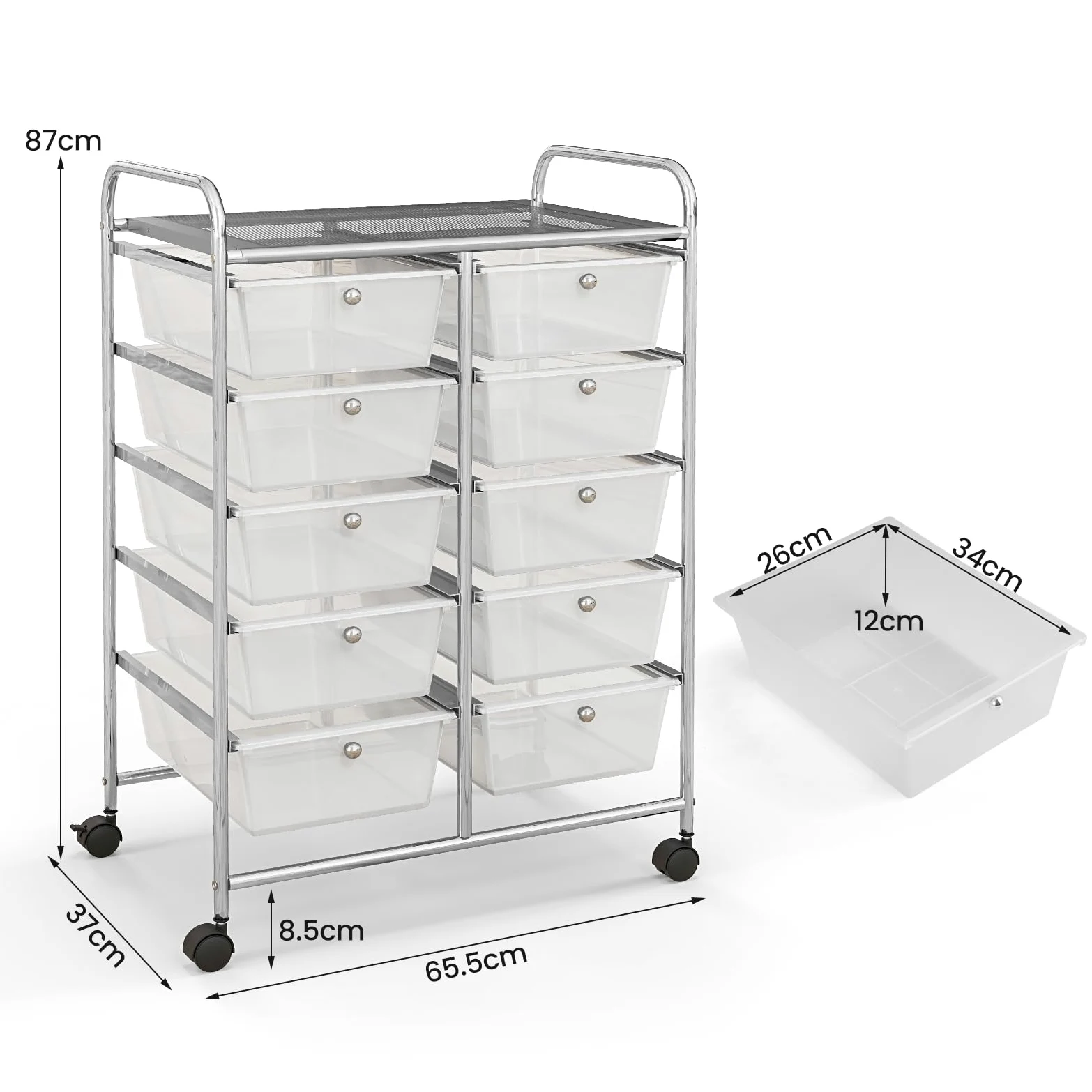 GIANTEX Carrello con 10 cassetti, impilabile, carrello per cassetti, carrello da cucina con ruote bloccabili, carrello per cucina, bagno, ufficio, 65,5 x 37 x 87 cm, trasparente