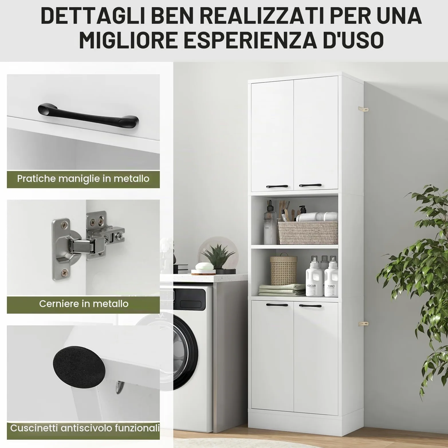 GIANTEX Credenza da Cucina Alta 190 cm con 4 Ante, 2 Scomparti Aperti e 6 Ripiani, 4 Kit Antiribaltamento, Armadio Portaoggetti per Cucina e Bagno