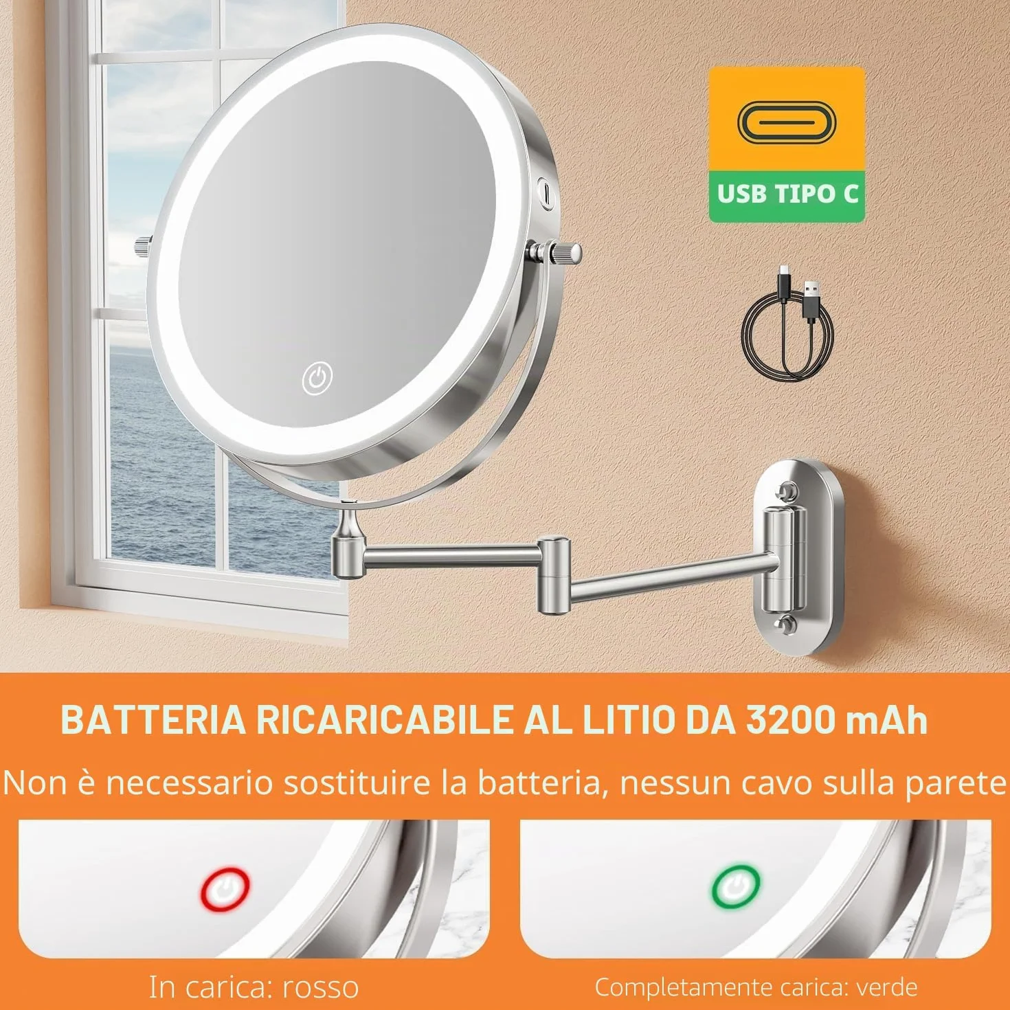 Auxmir Specchio Trucco con Ingrandimento 30X/1X, Specchio da Parete a 54 LED 3 Colori di Luce, Specchio Estensibile, Rotazione a 360°, Alimentato da Batterie Ricaricabile 3200mAh, per Bagno Hotel Spa