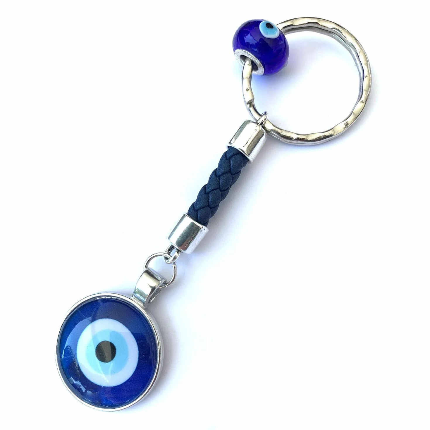 ASTER ALHELÍ Portafortuna Portachiavi Blu Occhio Turco Amuleto Malocchio Keychain Pelle Intrecciata Blu Argento Cuoio Uomo Donna