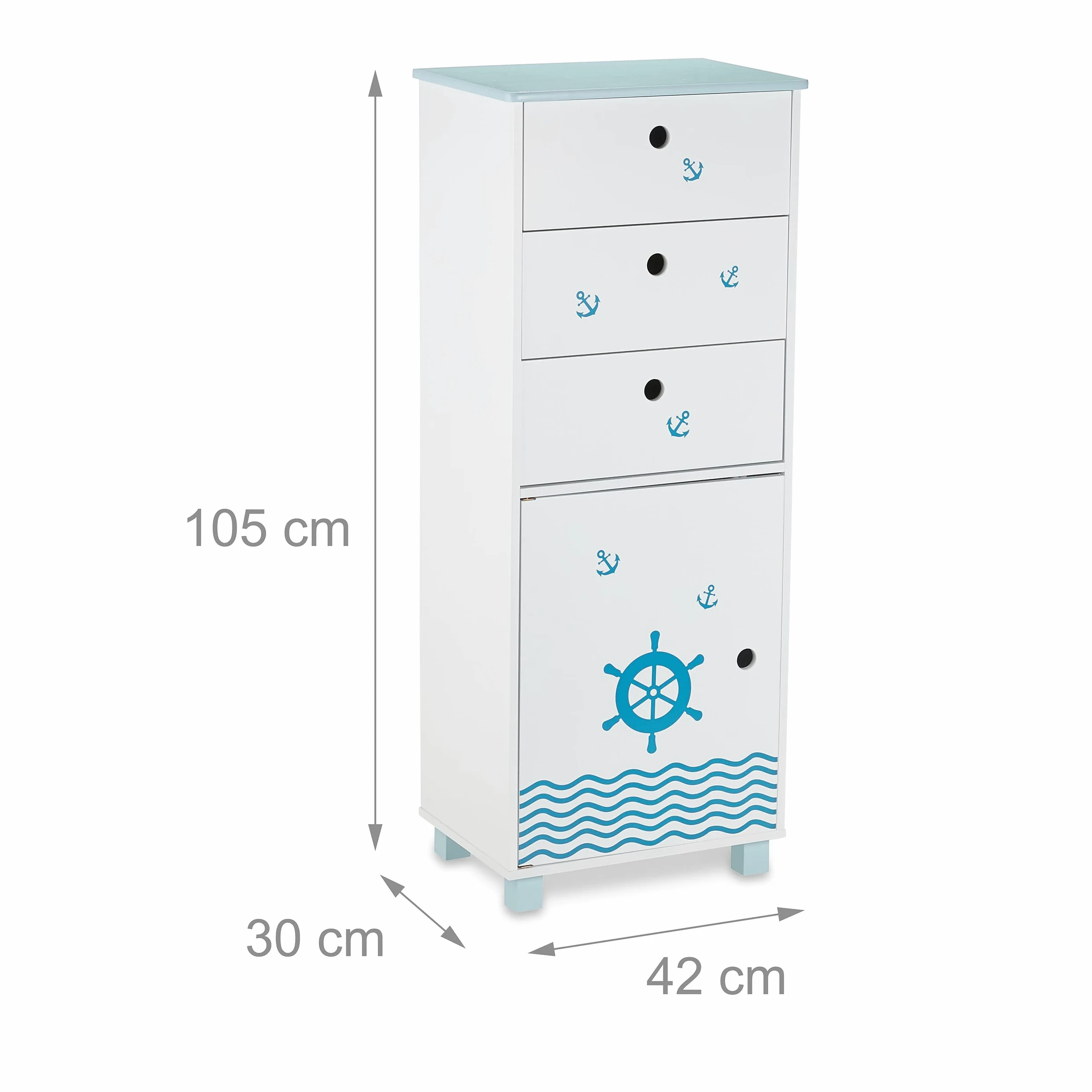 Relaxdays Cassettiera per Bambini, per la Cameretta, 3 Cassetti e 1 Scomparto con Anta, HLP: 105x42x30 cm, Bianco Blu