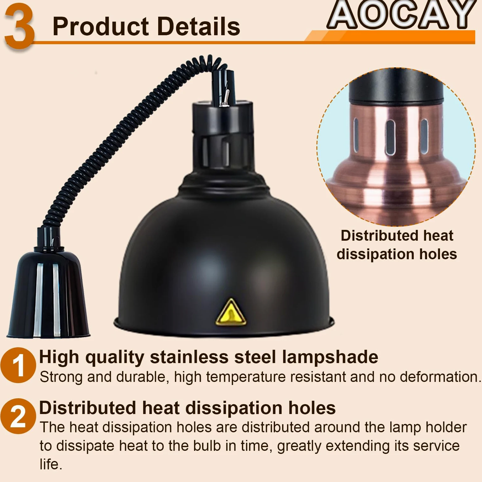 Lampada Riscaldante per Alimenti, Sospeso Lampade Scaldavivande Cucina 19 cm/25 cm, Lampade Riscaldanti per Cucina, Ristoranti, Hotel a Buffet 60-180cm Altezza Regolabile(Nero-25cm, 3 Pezzi)