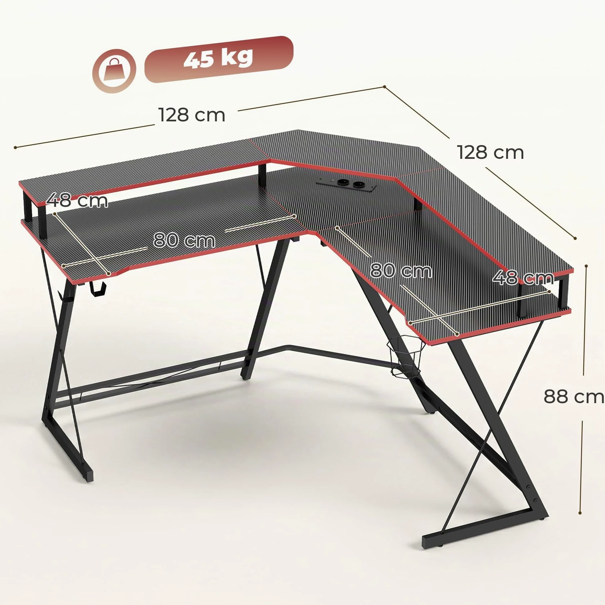 HOMCOM Scrivania Gaming Angolare Tavolo ad L 128x128cm Nero Carbonio | Stazione di Ricarica, Supporto per PC, Gancio per Cuffie, Portabicchieri, Computer Ufficio Studio