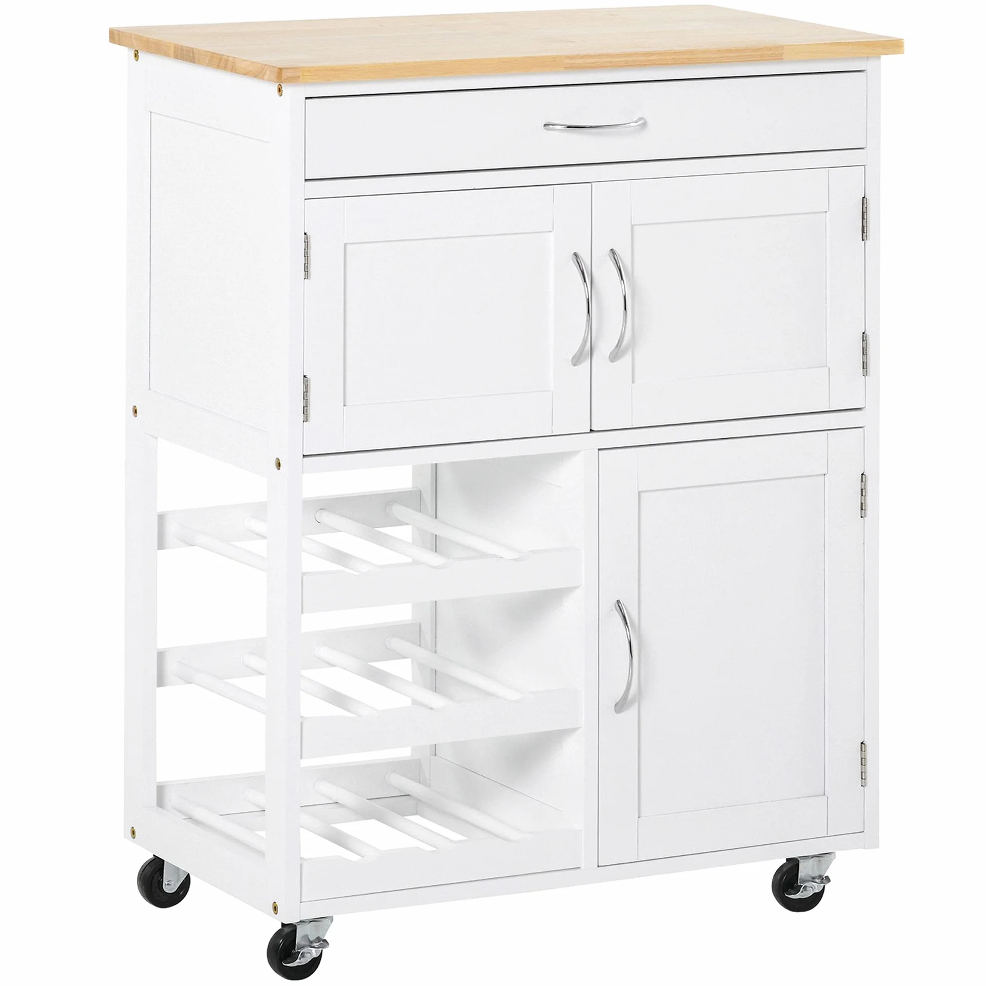 HOMCOM Carrello da Cucina con 9 Portabottiglie, 3 Ante, 4 Ruote e Cassetto, Mobiletto Cucina Salvaspazio con Piano in Legno di Gomma, per Soggiorno, 67x37x87 cm, Bianco e Rovere