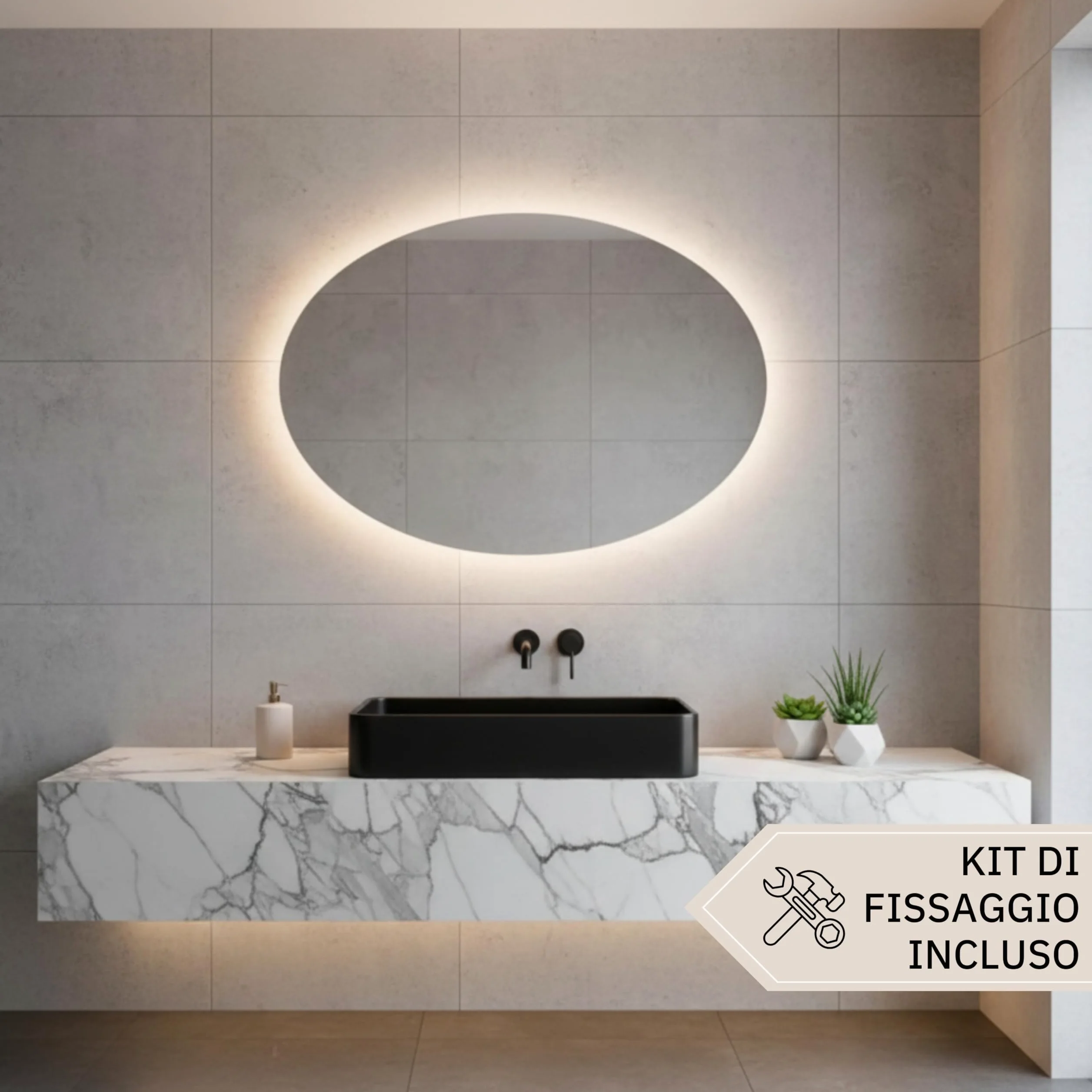 STYLE GLASS MOSES 80x60cm - Specchio con Striscia LED 4000K - Specchio bagno Ovale MOSES - Specchio da parete - Specchio con led - Specchiera Bagno Made in Italy Bordo Filo Lucido Moderno